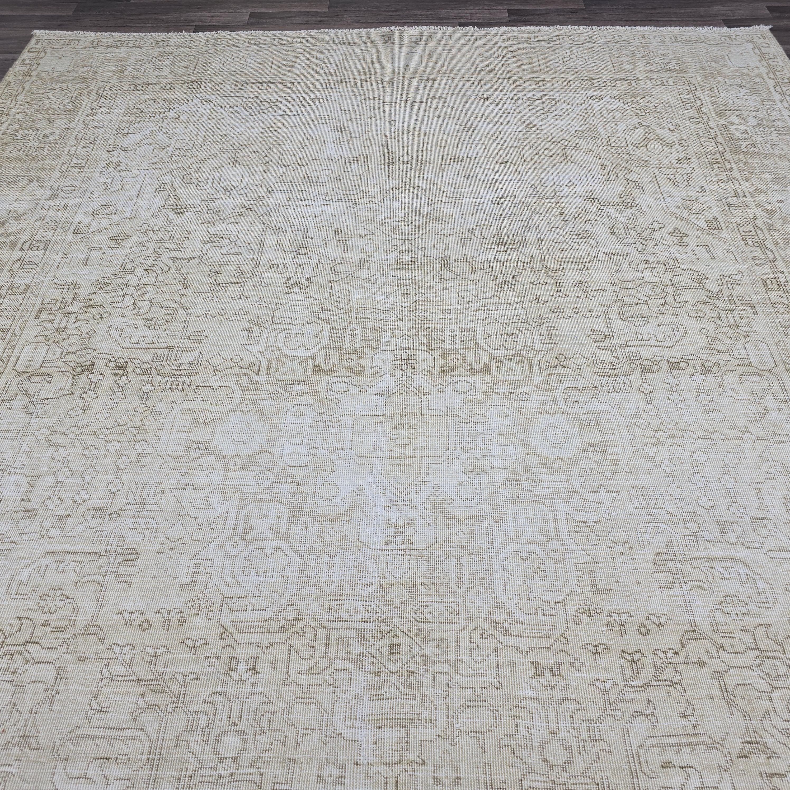 Oversized Neutral Turkish Rug 9x12: Vintage Cream Beige Wool Area Rug