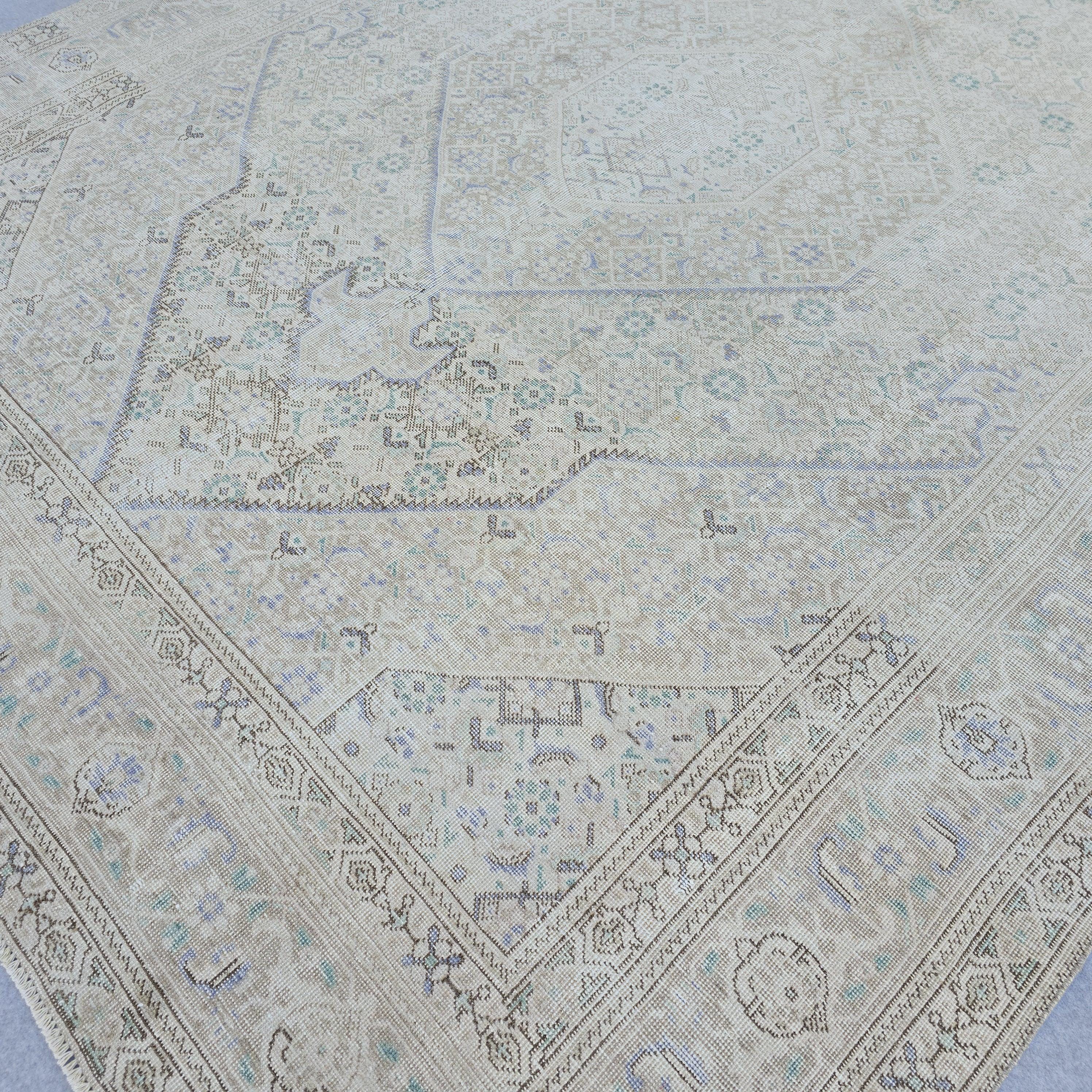 Vintage Turkish Hand-Knotted Rug: Muted Beige, Blue & Sage Geometric Carpet