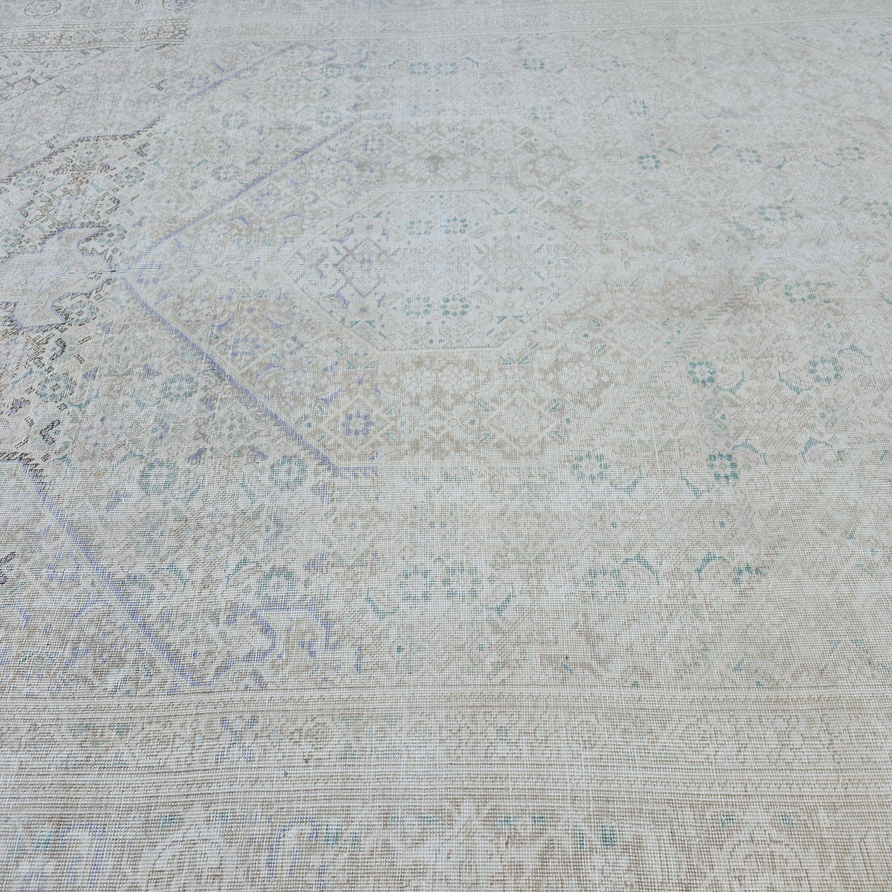 Vintage Turkish Hand-Knotted Rug: Muted Beige, Blue & Sage Geometric Carpet