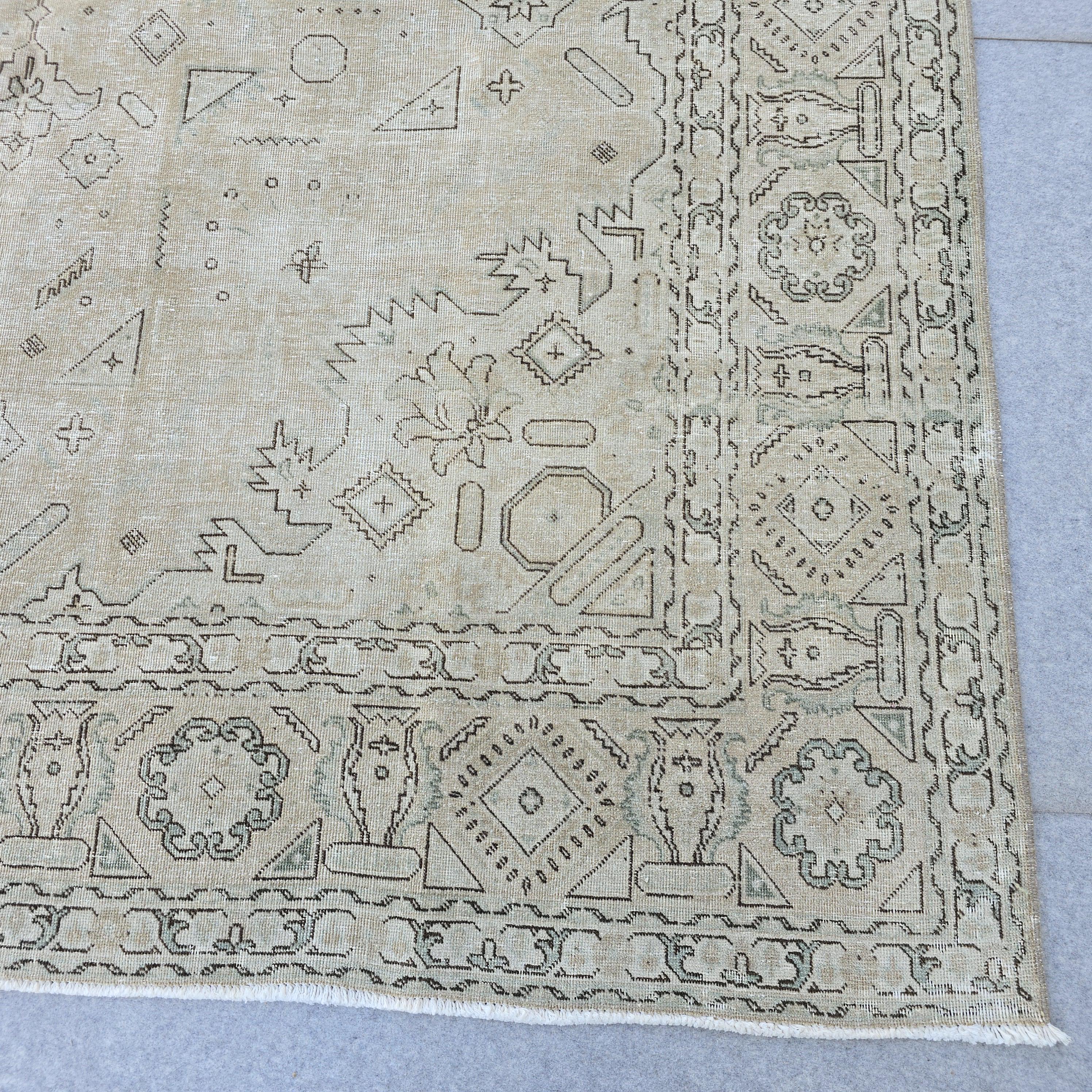 8x11 ft Hand-Knotted Turkish Oushak Rug: Neutral Wool Saloon Carpet