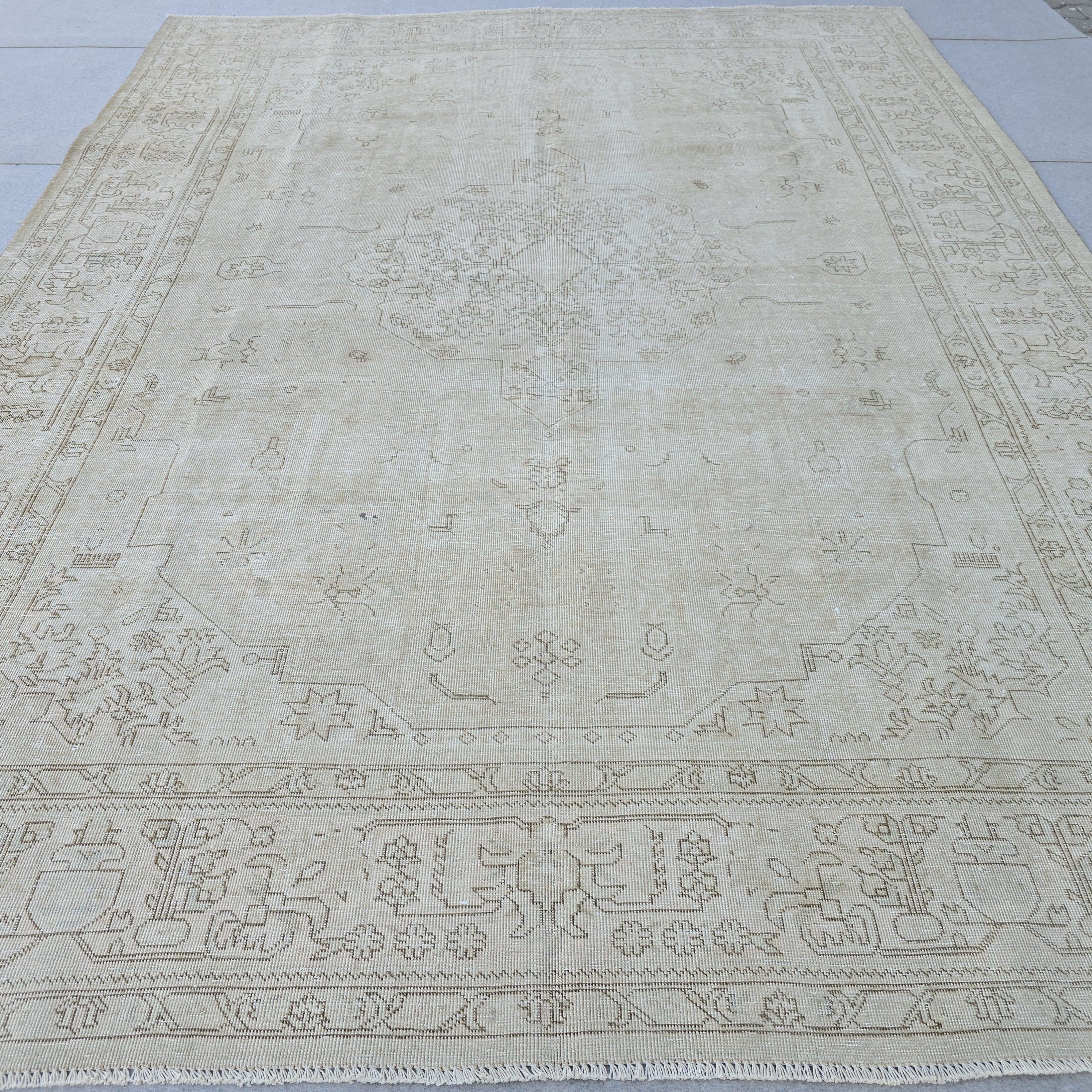 Vintage Oushak Rug 9x12: Handmade Wool Turkish Carpet, Neutral Boho Decor