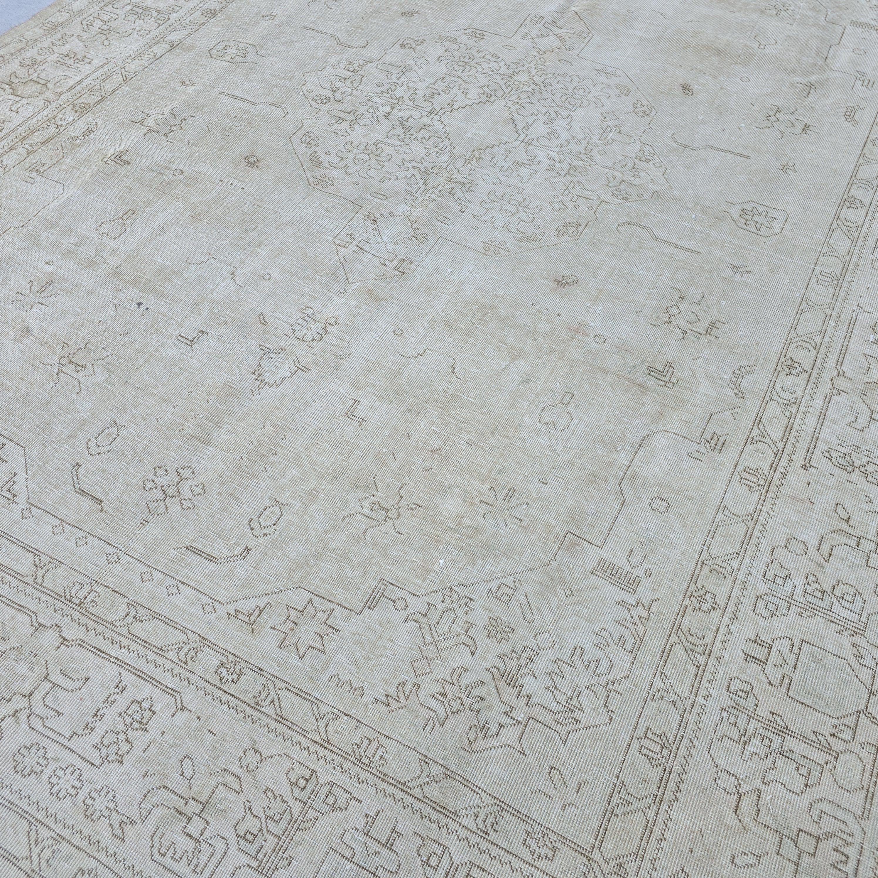 Vintage Oushak Rug 9x12: Handmade Wool Turkish Carpet, Neutral Boho Decor