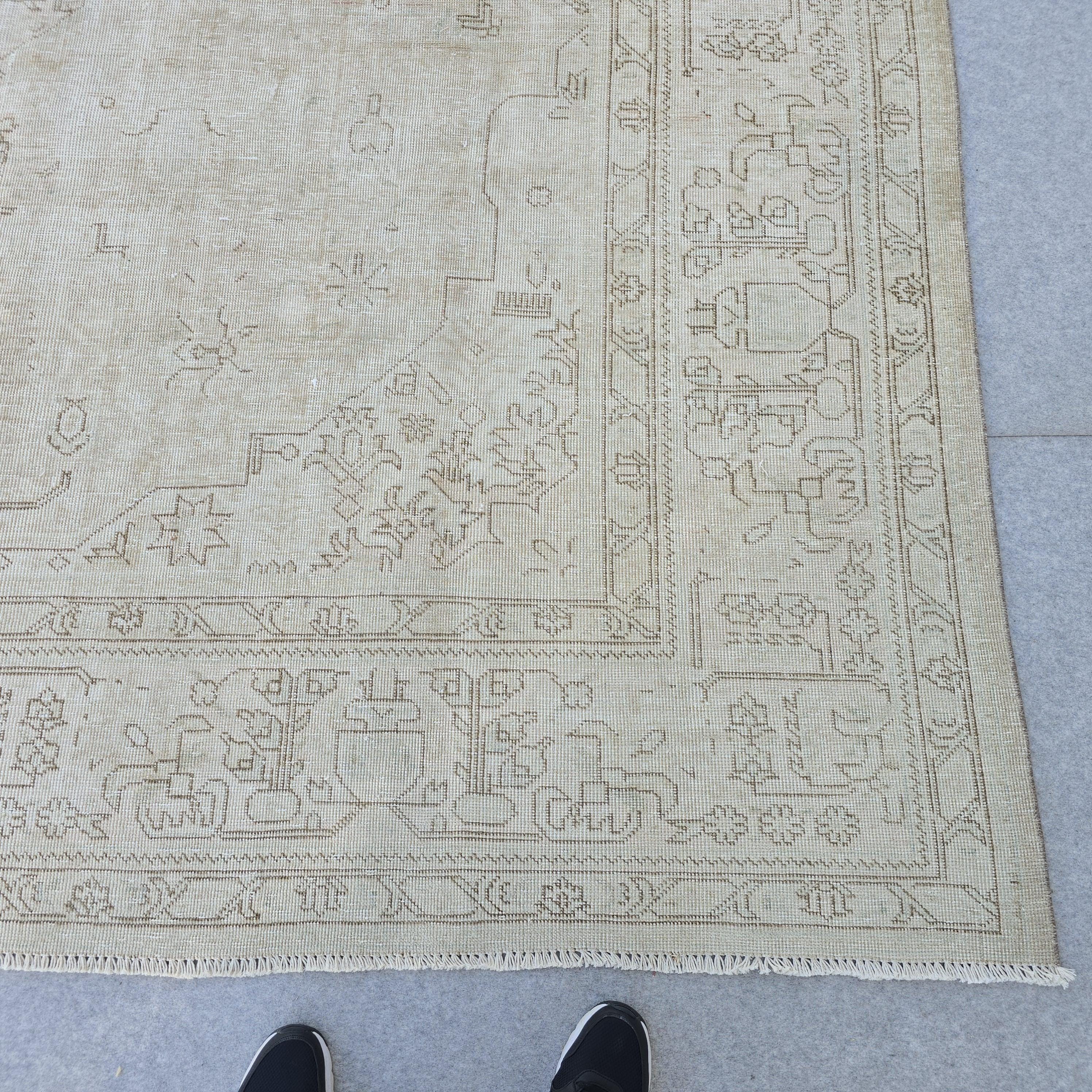 Vintage Oushak Rug 9x12: Handmade Wool Turkish Carpet, Neutral Boho Decor