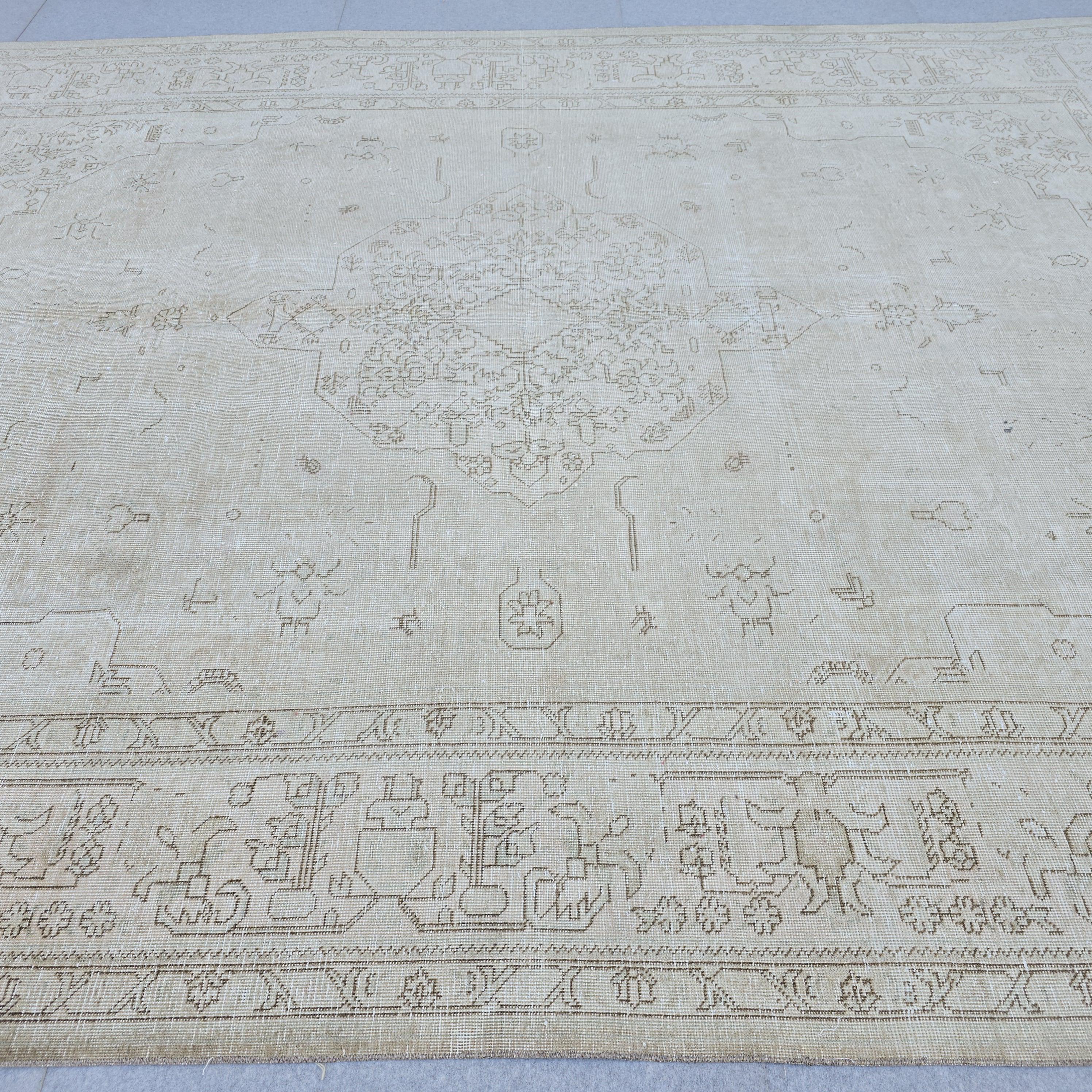 Vintage Oushak Rug 9x12: Handmade Wool Turkish Carpet, Neutral Boho Decor