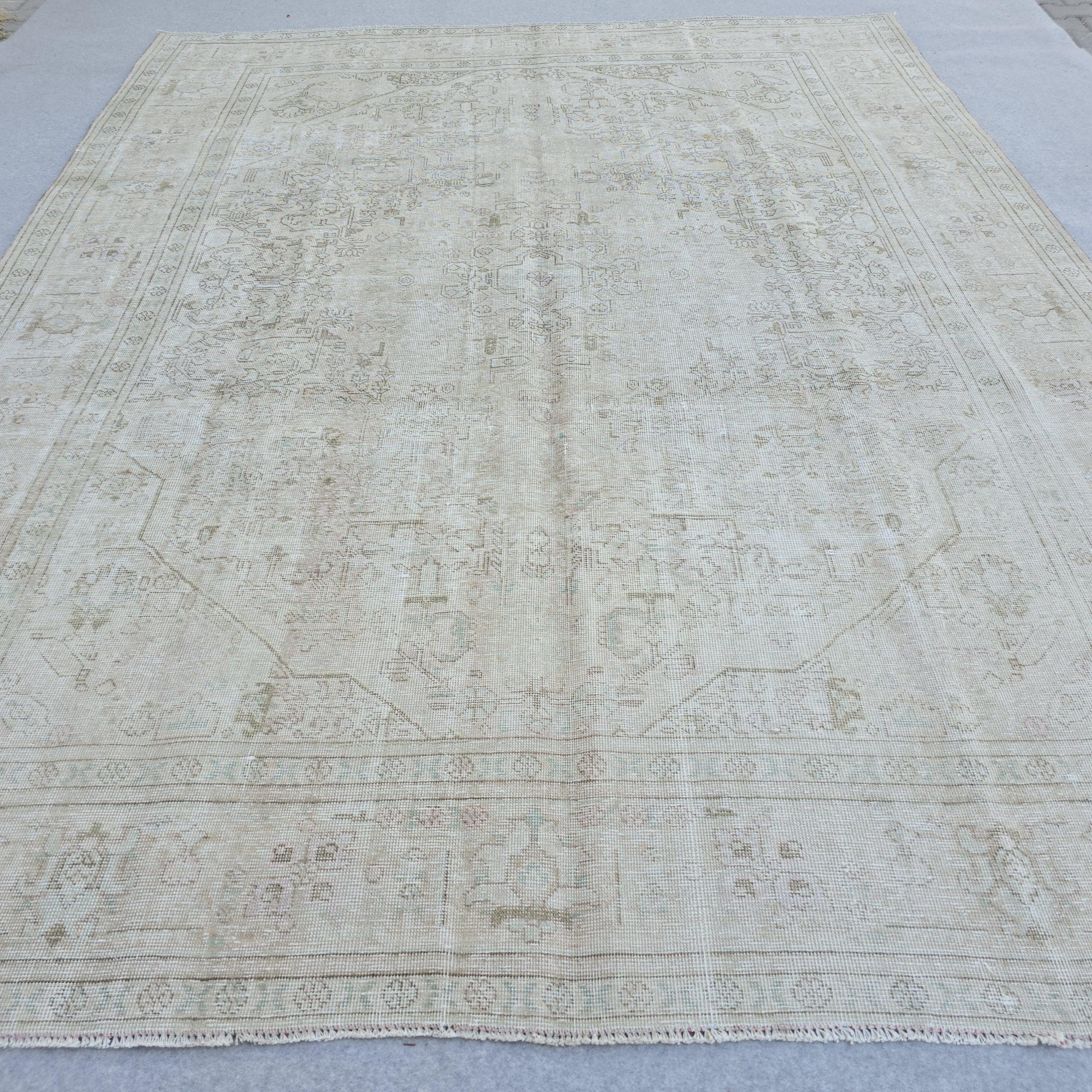 Oversized Turkish Oushak Rug: 9.7x12.15 ft, Faded Cream Beige Wool Anatolian Carpet