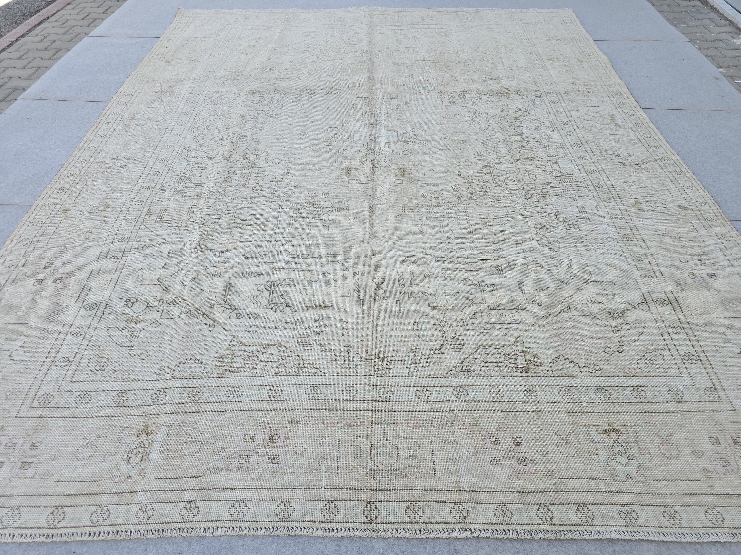 Oversized Turkish Oushak Rug: 9.7x12.15 ft, Faded Cream Beige Wool Anatolian Carpet