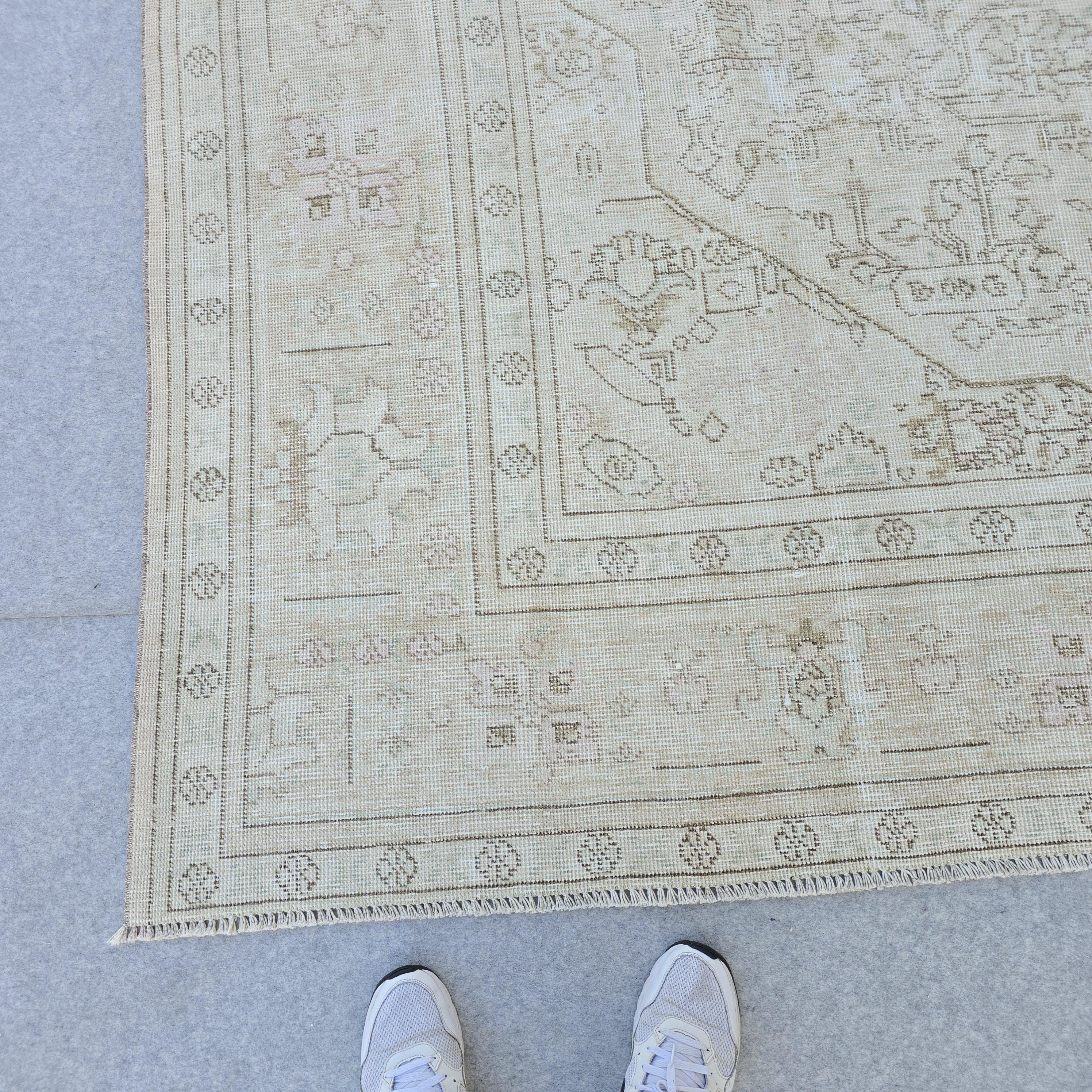 Oversized Turkish Oushak Rug: 9.7x12.15 ft, Faded Cream Beige Wool Anatolian Carpet