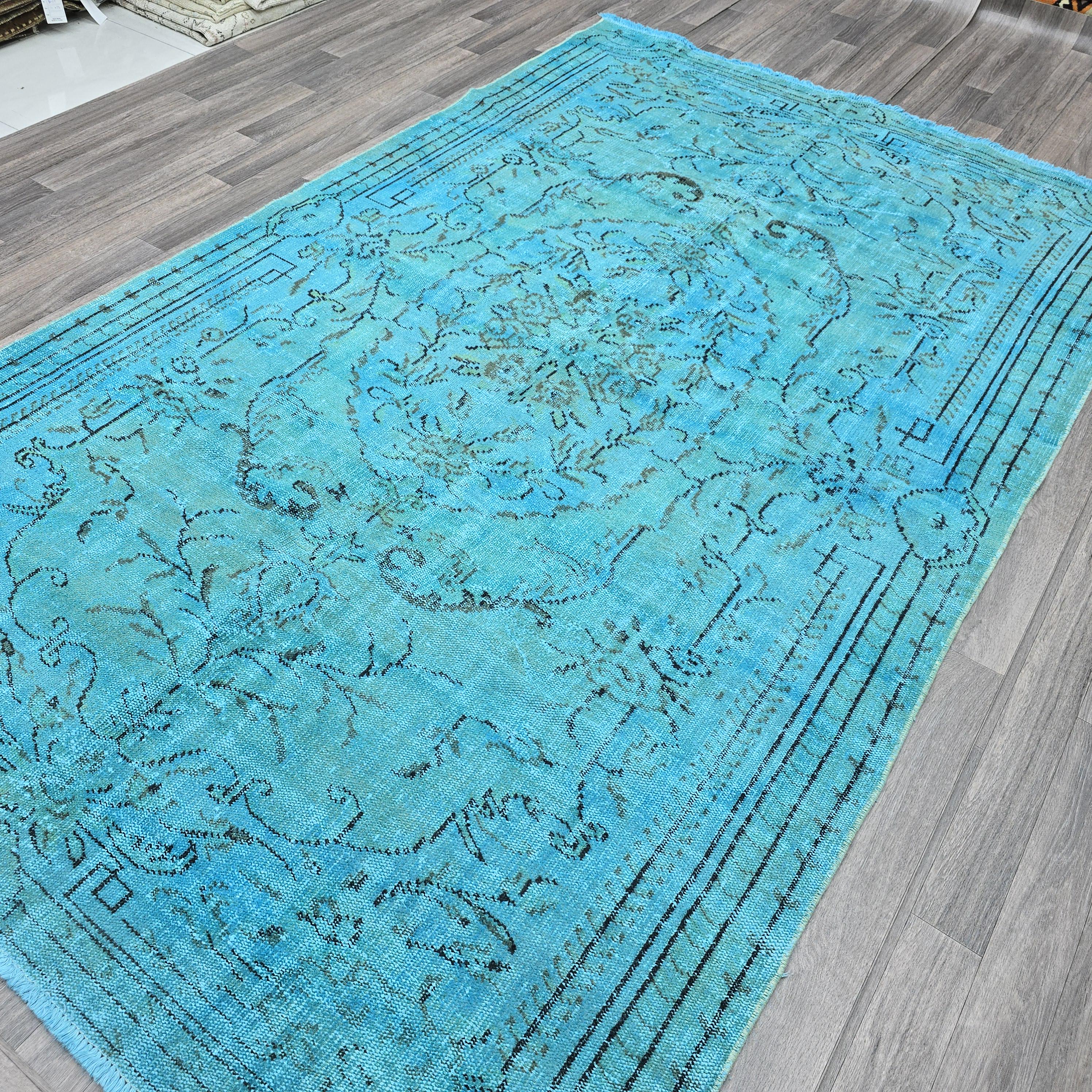 Vintage Overdyed Turquoise Turkish Rug - 6x9.6 ft Oushak Bohemian Area Rug