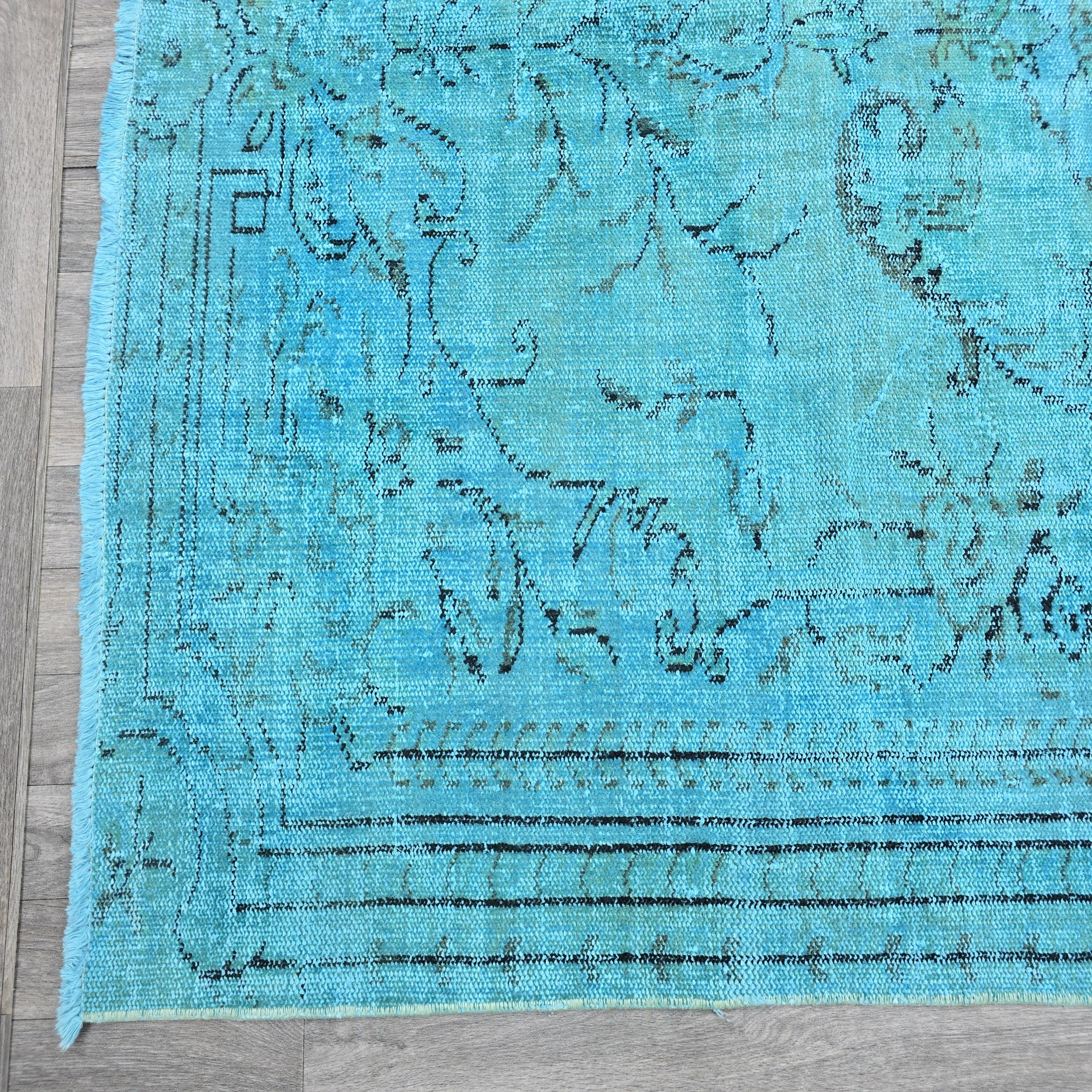 Vintage Overdyed Turquoise Turkish Rug - 6x9.6 ft Oushak Bohemian Area Rug