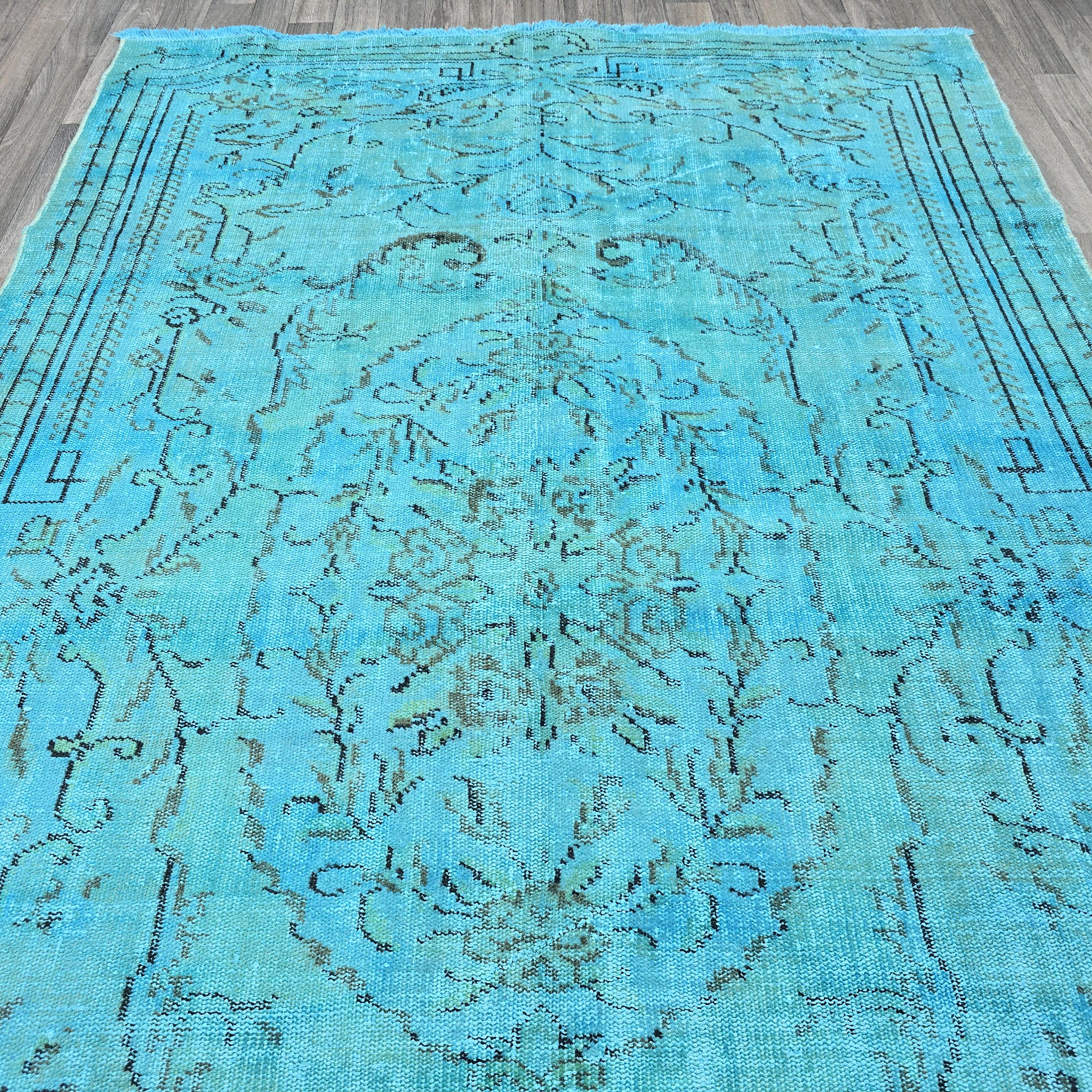 Vintage Overdyed Turquoise Turkish Rug - 6x9.6 ft Oushak Bohemian Area Rug