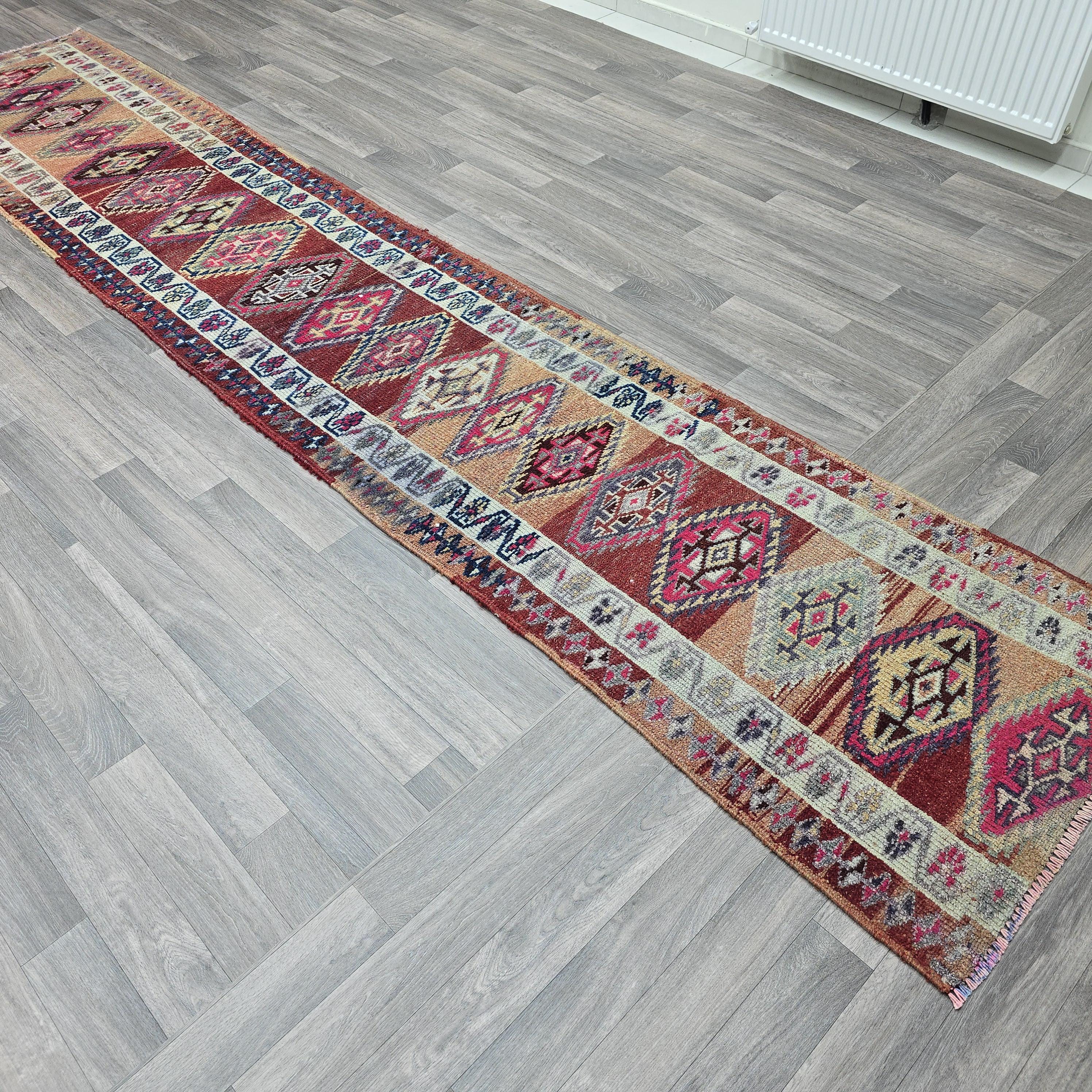 Vintage Turkish Runner Rug: Handwoven Wool Kilim, Bohemian Home Decor (2.5x13 ft
