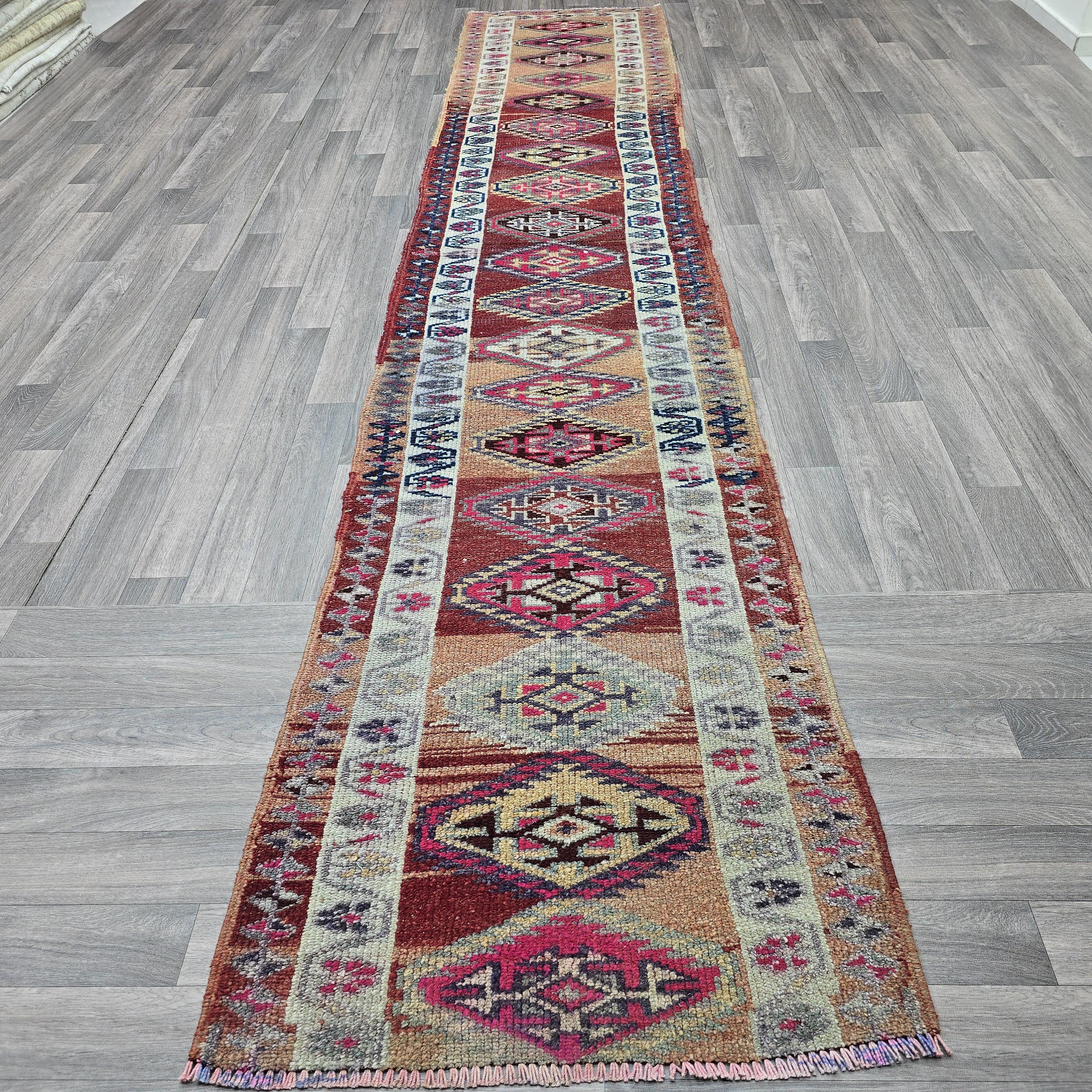 Vintage Turkish Runner Rug: Handwoven Wool Kilim, Bohemian Home Decor (2.5x13 ft