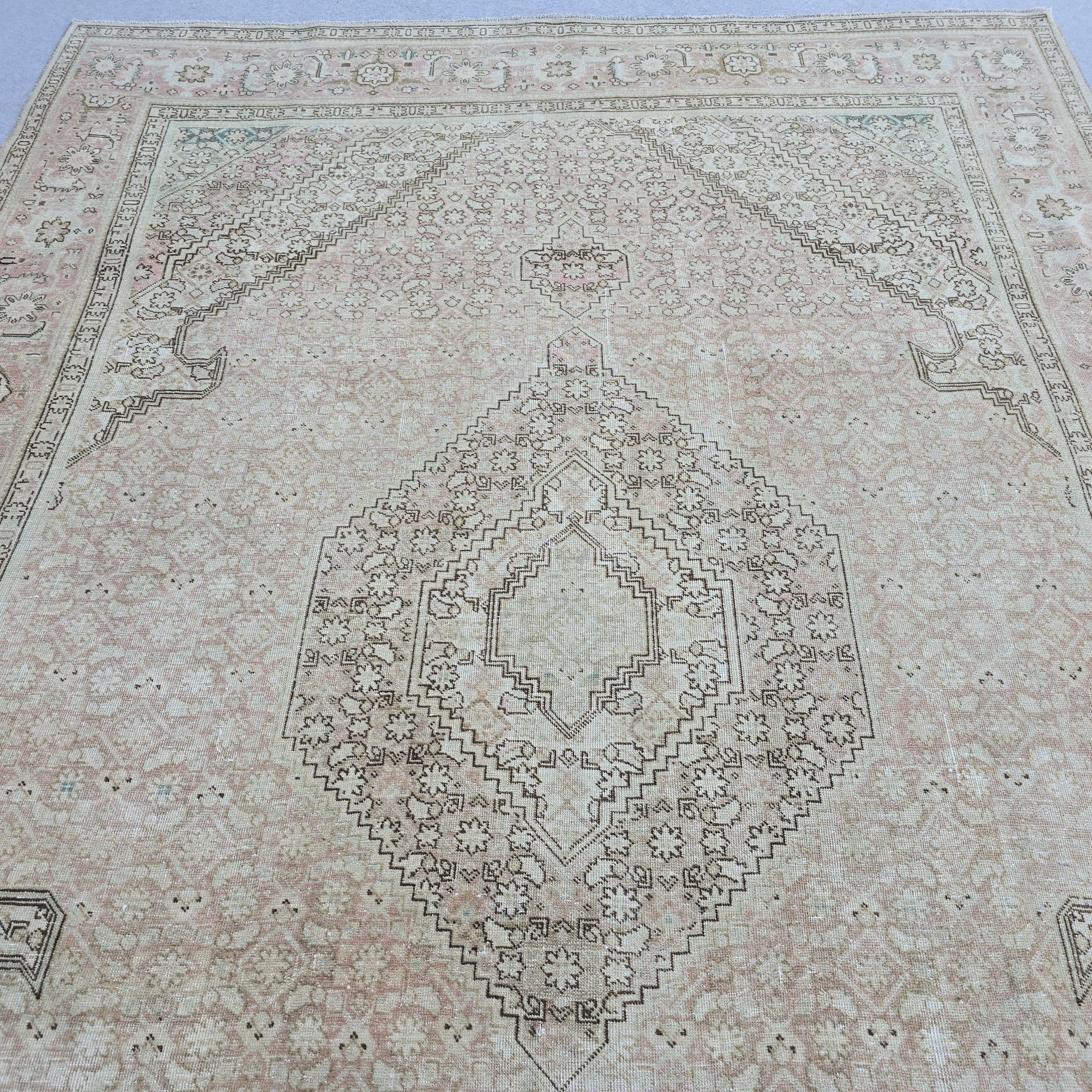 Hand-Knotted Oushak Rug: 7.8 x 10.6 ft Vintage Turkish Wool Medallion Carpet