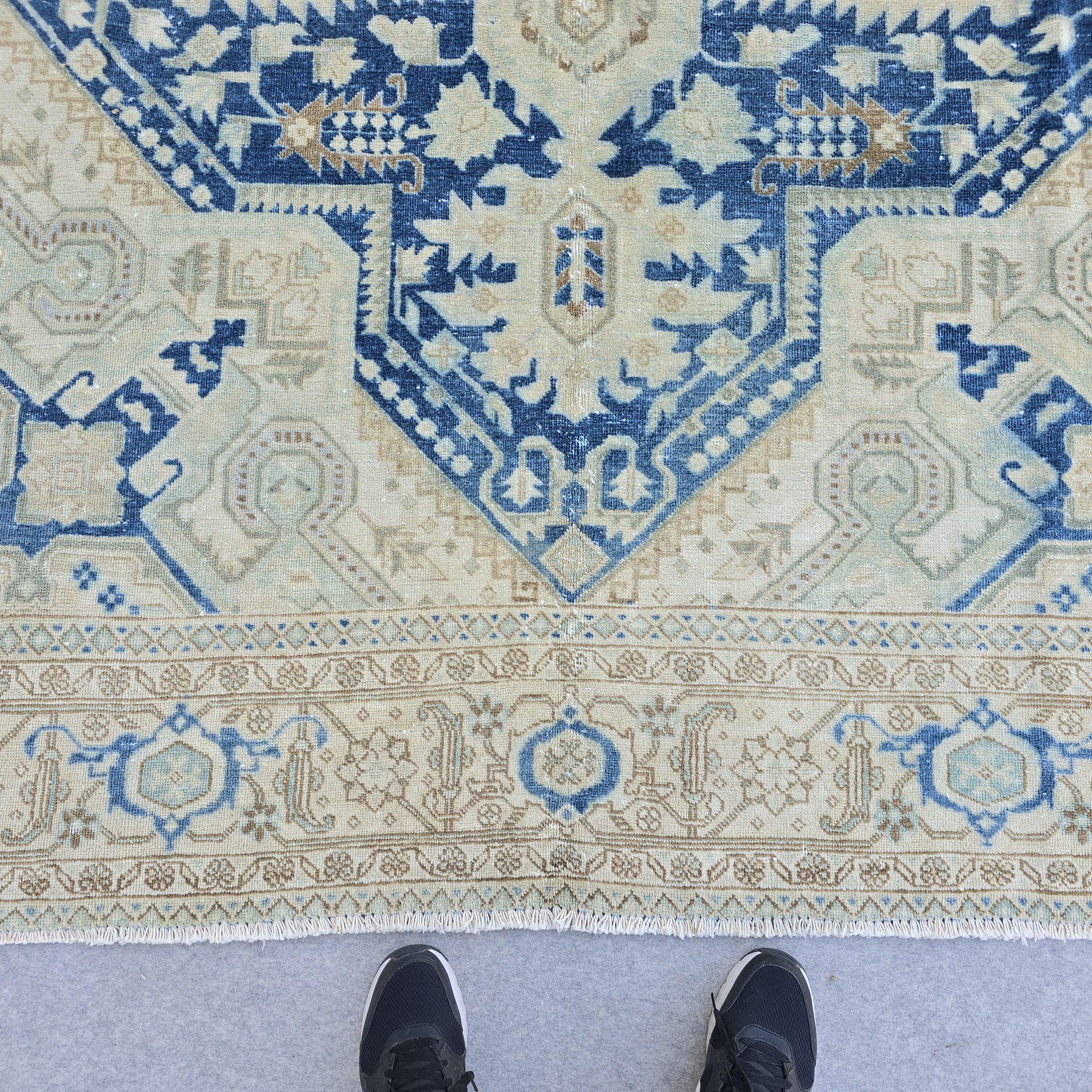 7x10 Vintage Turkish Oushak Rug Blue Cream Geometric Hand Knotted Area Carpet