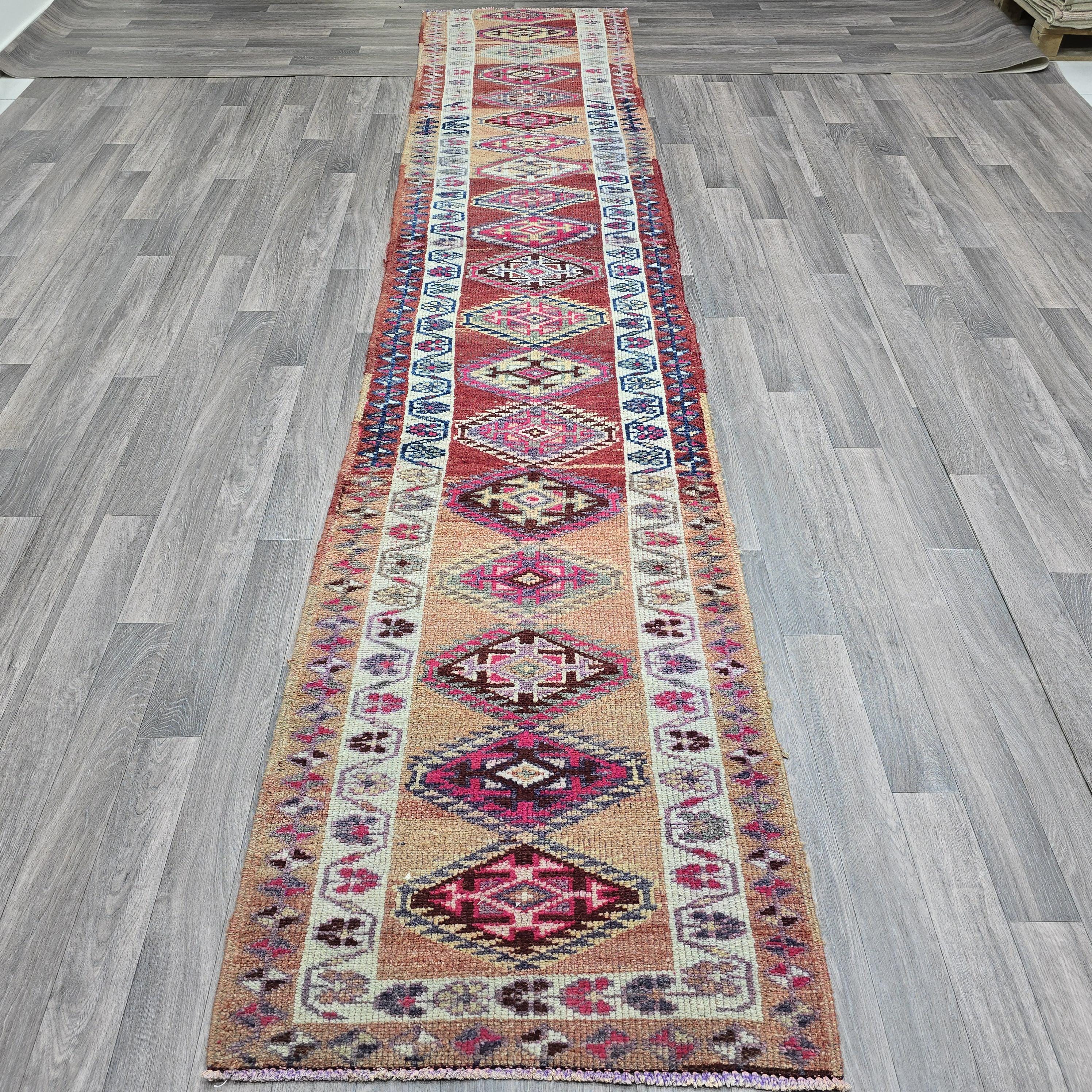 Vintage Turkish Runner Rug: Handwoven Wool Kilim, Bohemian Home Decor (2.5x13 ft
