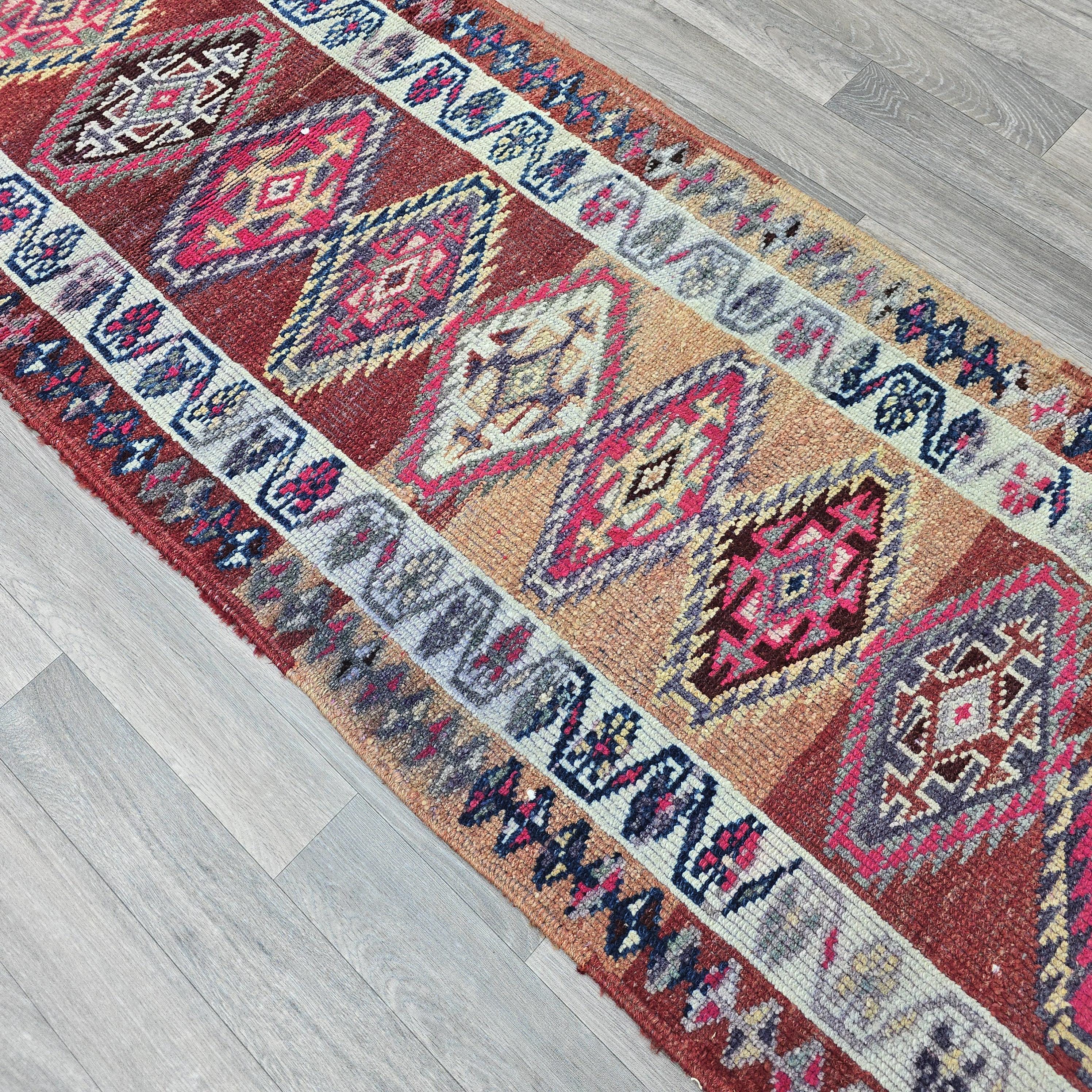Vintage Turkish Runner Rug: Handwoven Wool Kilim, Bohemian Home Decor (2.5x13 ft