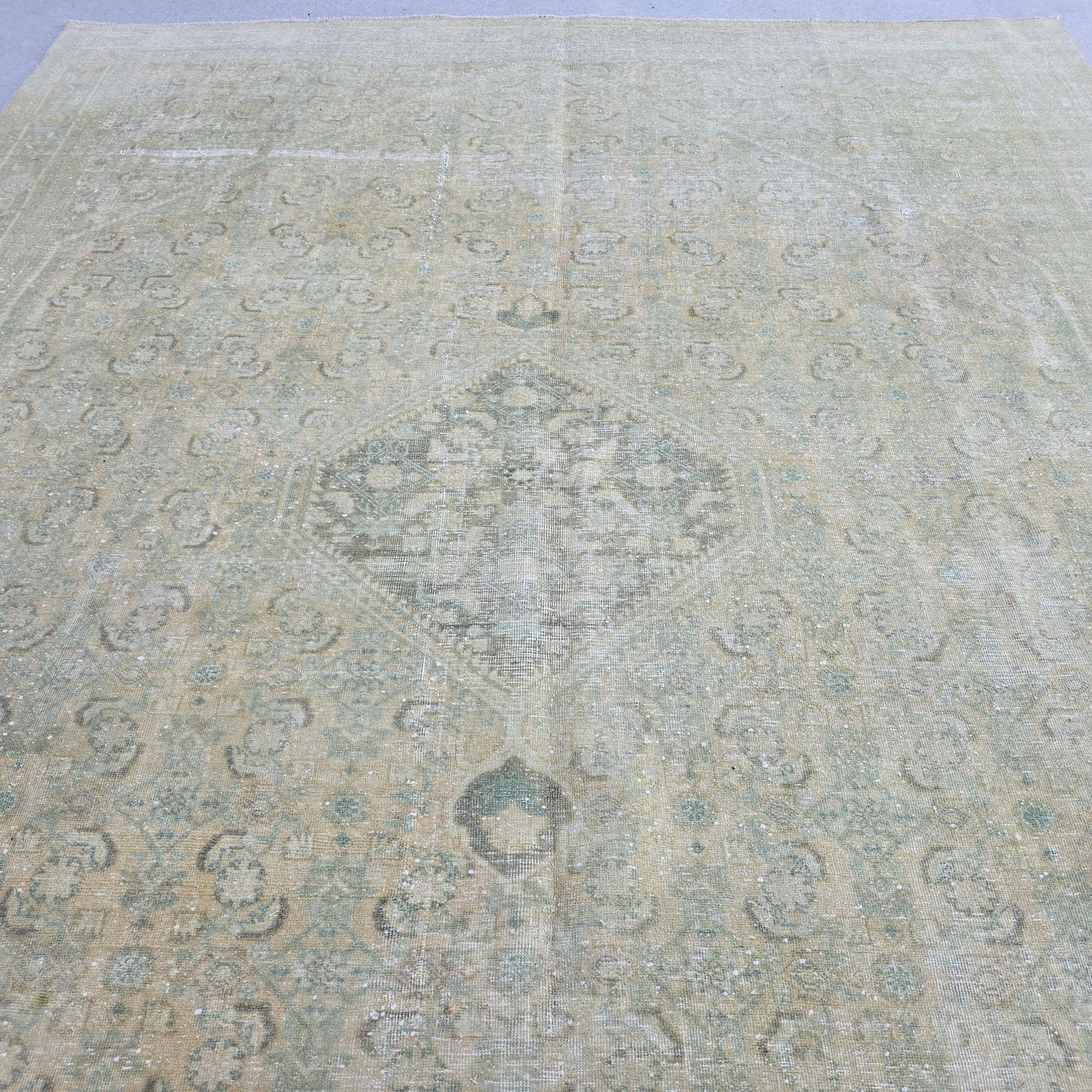 9x12 Vintage Turkish Rug Muted Green Beige Hand Knotted Antique Area Carpet Handmade
