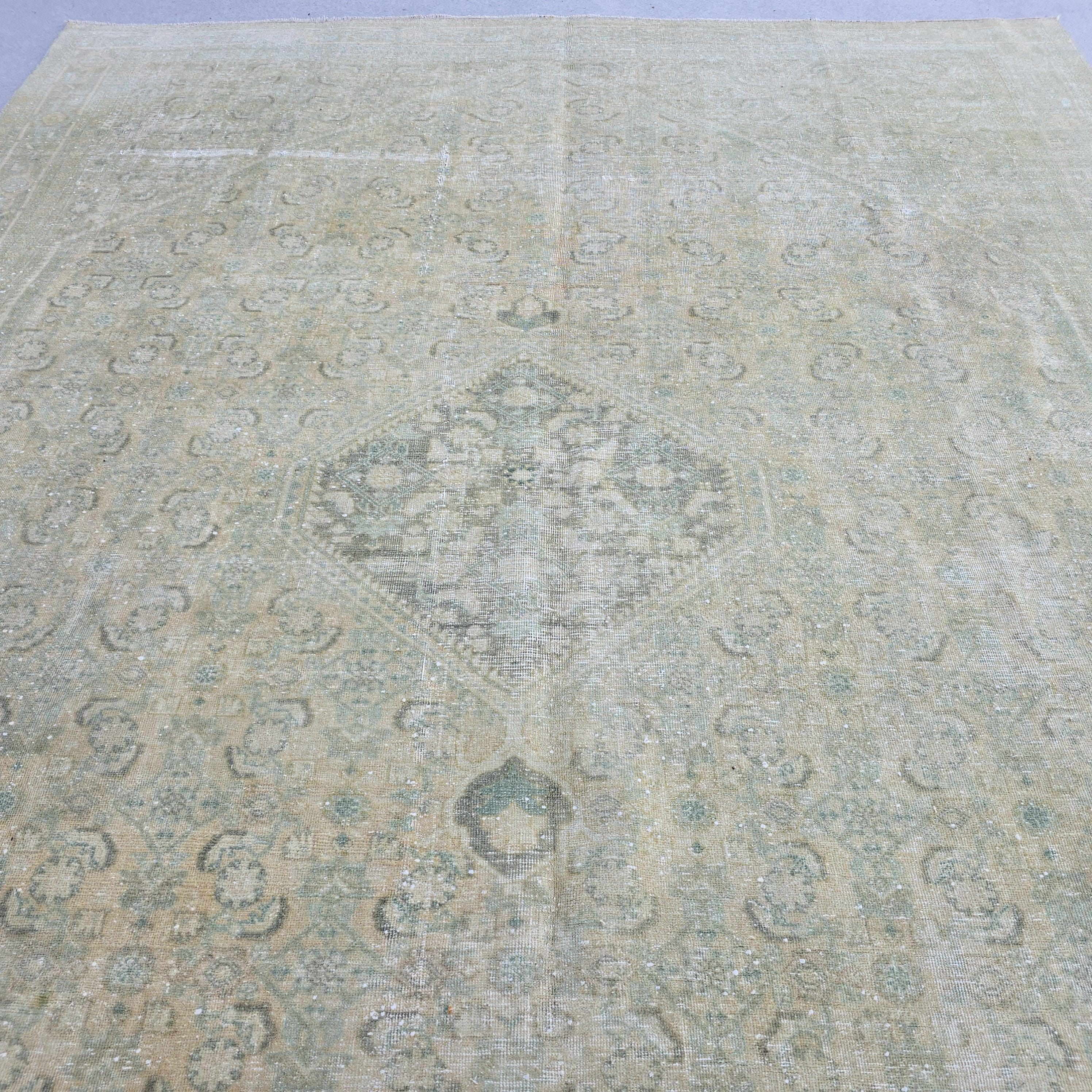9x12 Vintage Turkish Rug Muted Green Beige Hand Knotted Antique Area Carpet Handmade