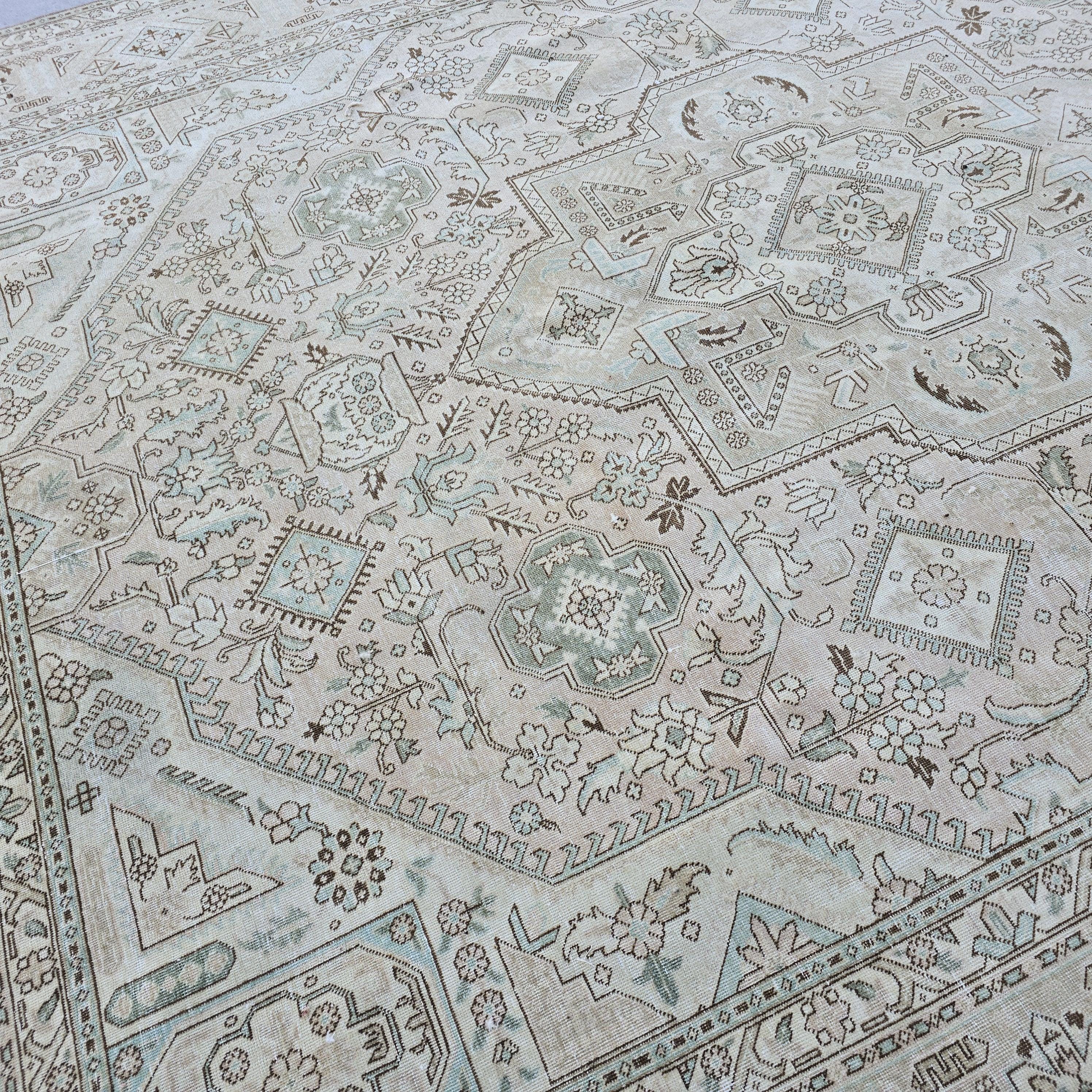 10x12 Turkish Rug Vintage Pink Cream Mint Green Hand Knotted Oushak Area Carpet