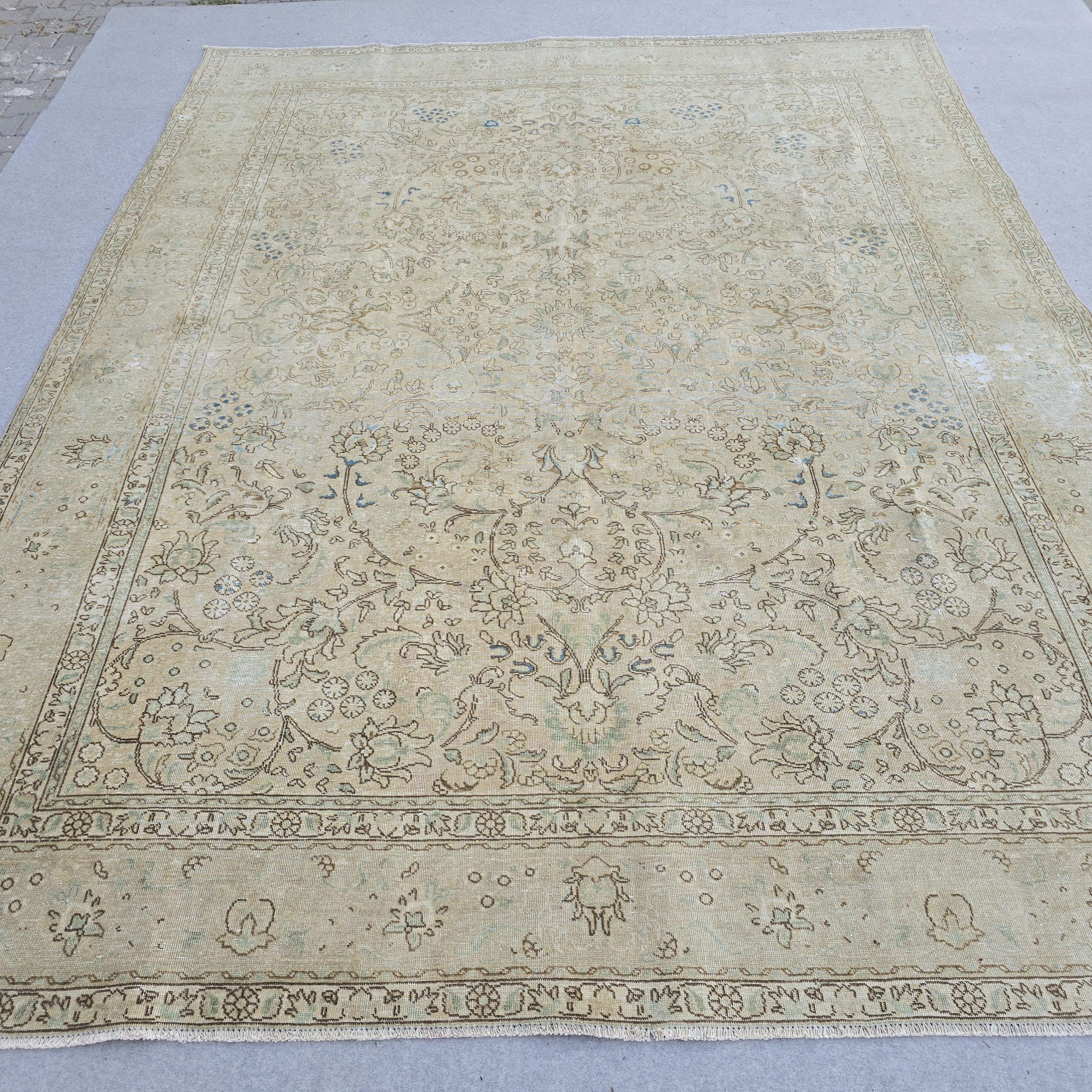 10x12 Vintage Rug Beige Cream Muted green Blue Floral Hand Knotted Turkish Area Carpet