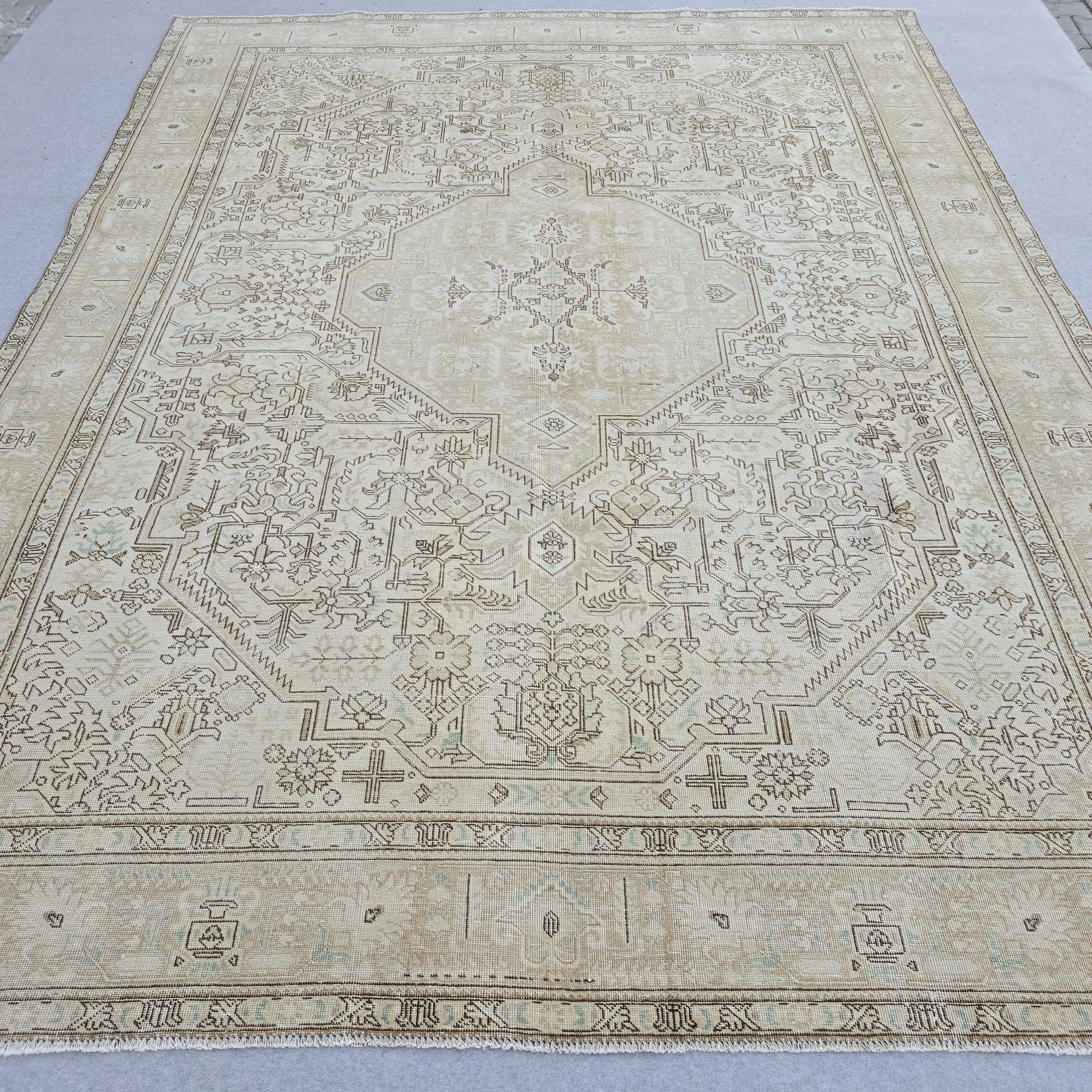 Turkish Rug 9x12 Neutral Beige Geometric Carpet Hand Knotted Living Room Area Rug