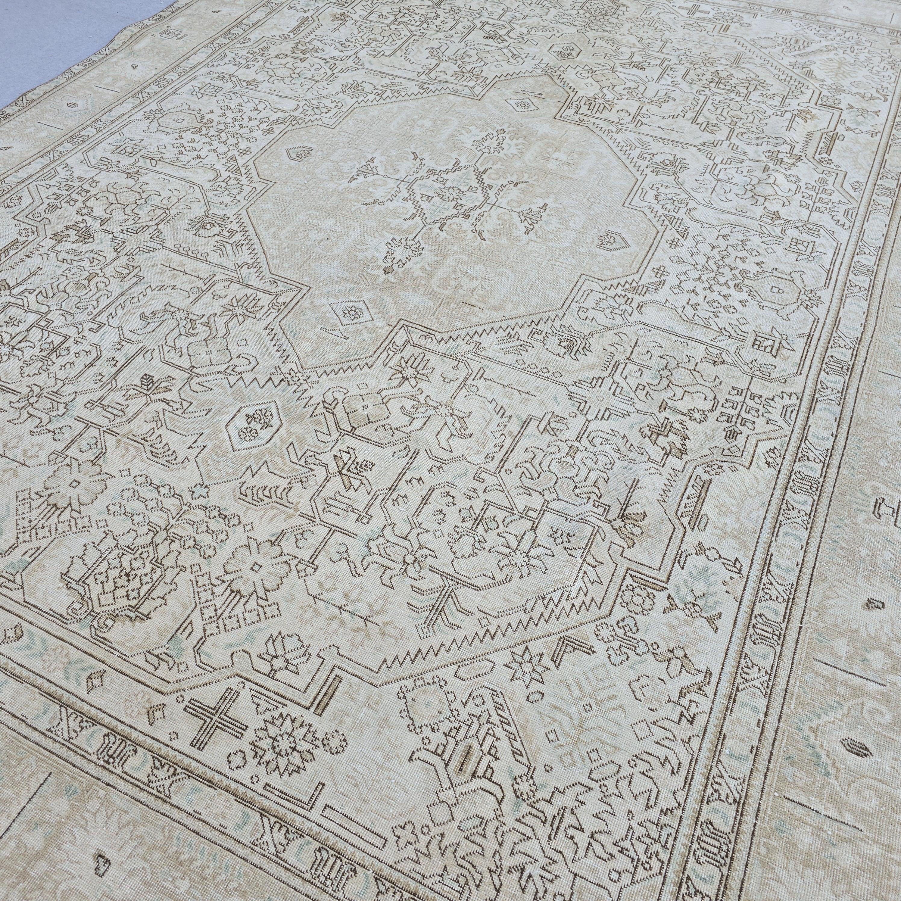 Turkish Rug 9x12 Neutral Beige Geometric Carpet Hand Knotted Living Room Area Rug