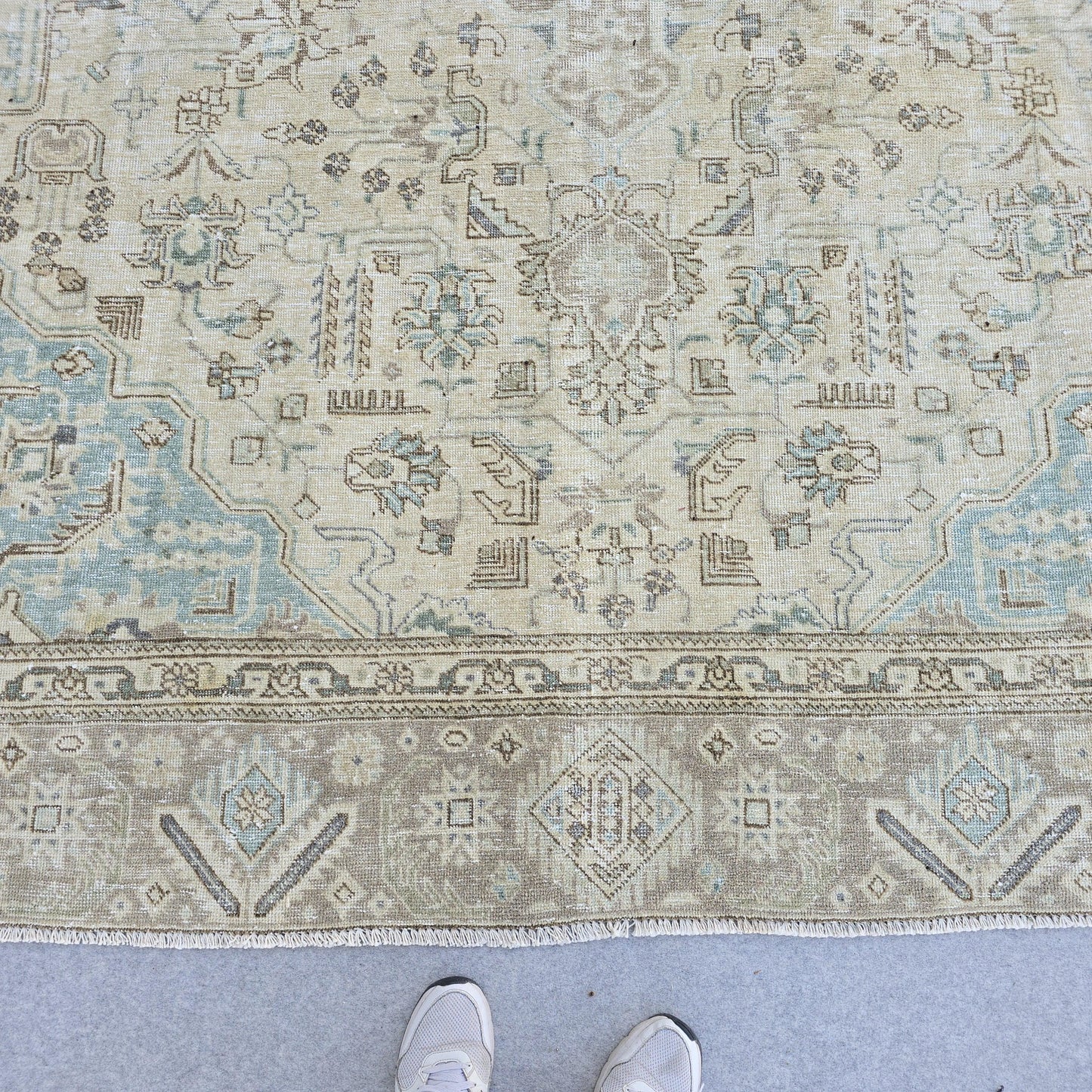 Persian Rug 9x12 Beige Blue Tabriz Geometric Medallion Vintage Hand Knotted Oriental Area Carpet