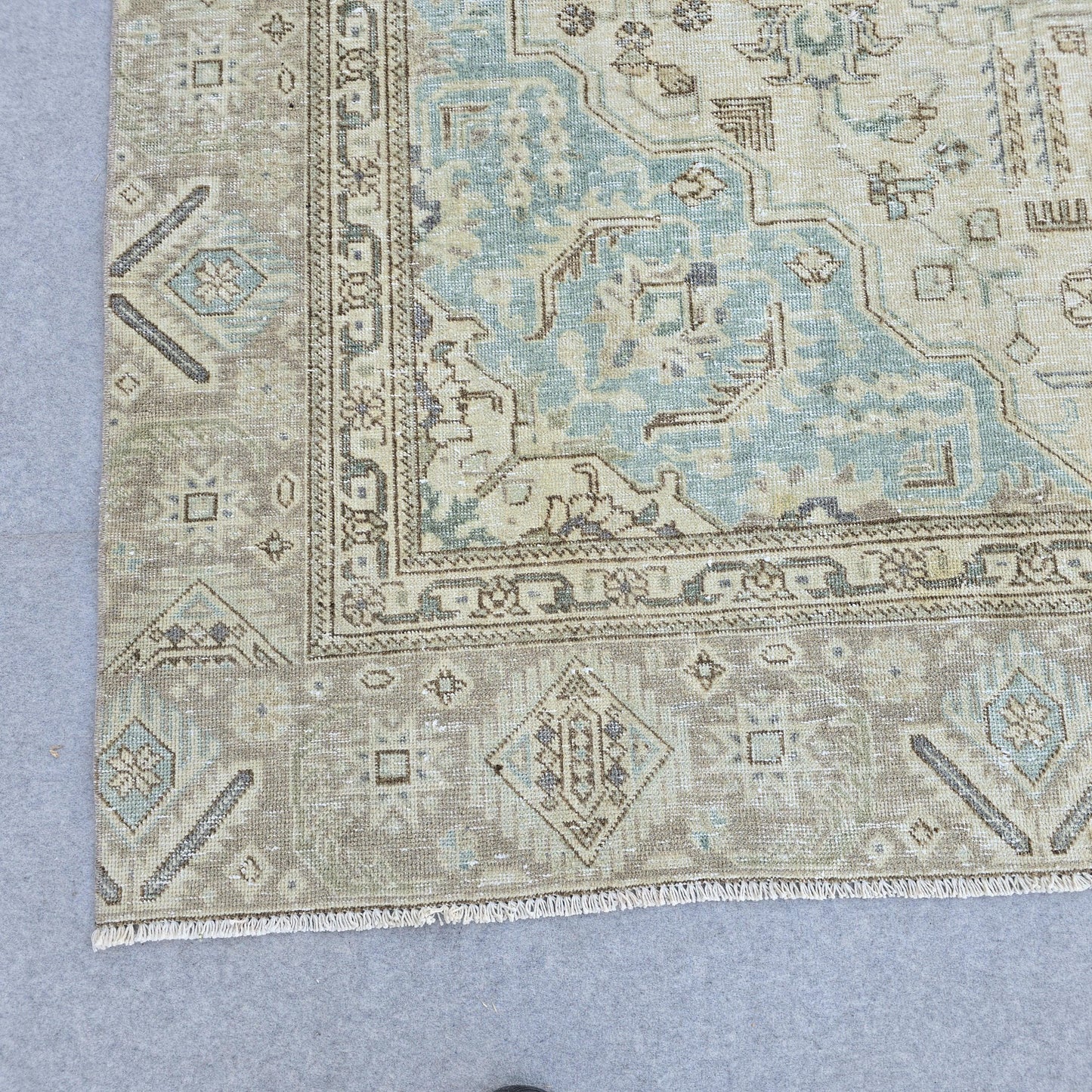 Persian Rug 9x12 Beige Blue Tabriz Geometric Medallion Vintage Hand Knotted Oriental Area Carpet