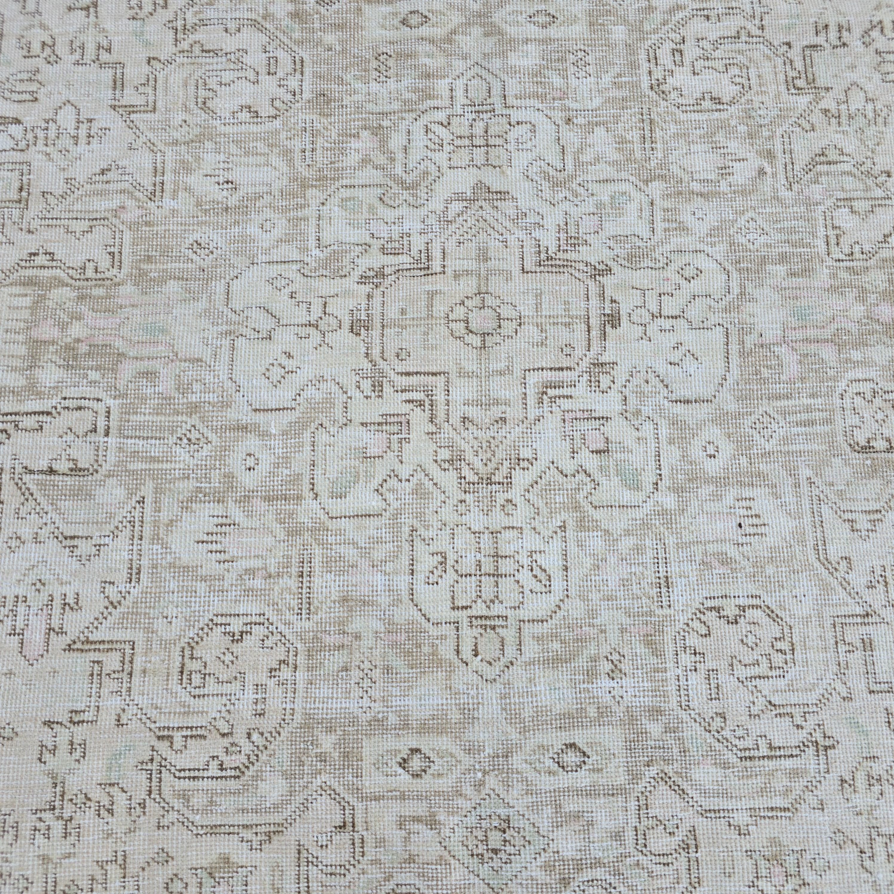 Neutral Oushak Rug 9x12: Vintage Hand-Knotted Turkish Wool Carpet