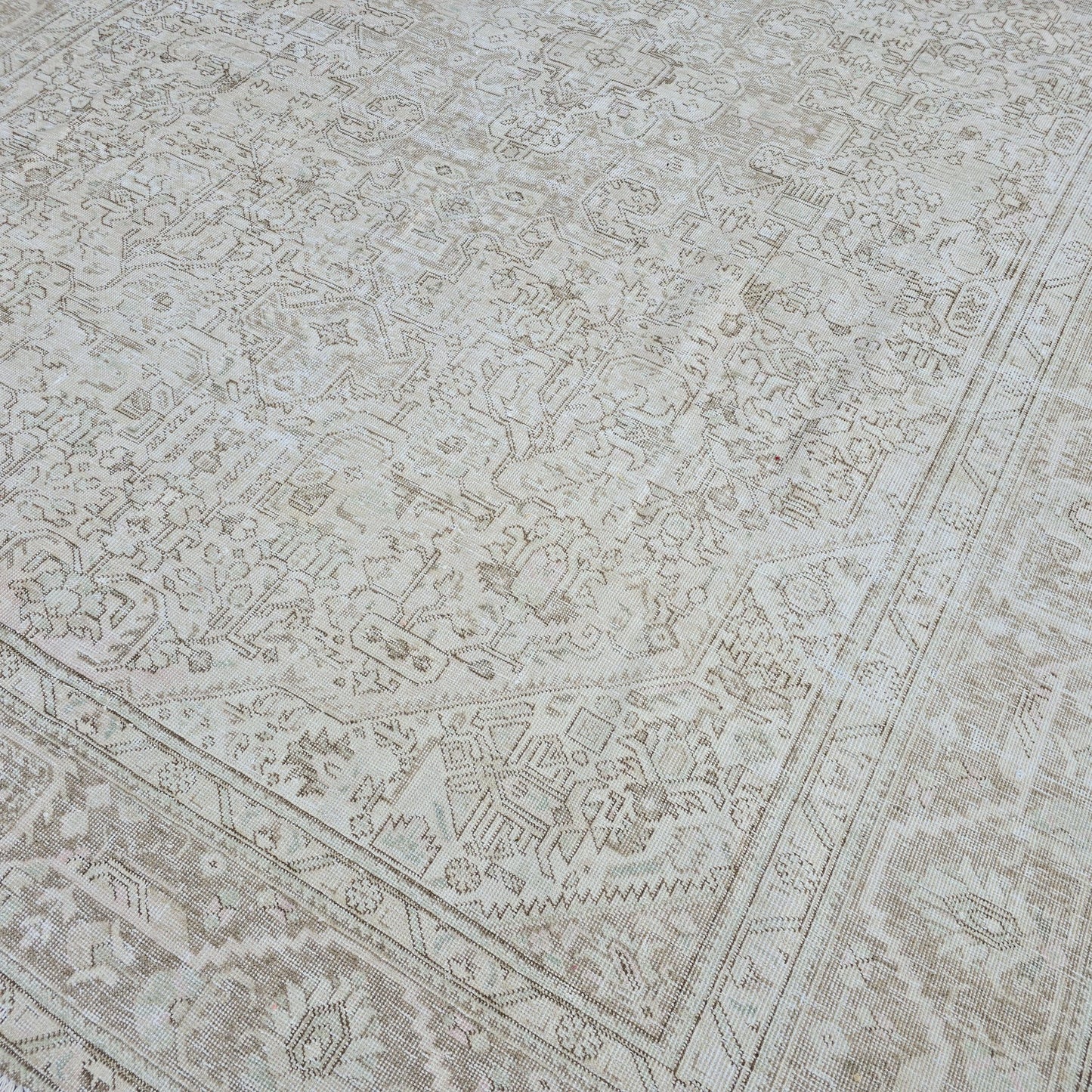 Neutral Oushak Rug 9x12: Vintage Hand-Knotted Turkish Wool Carpet