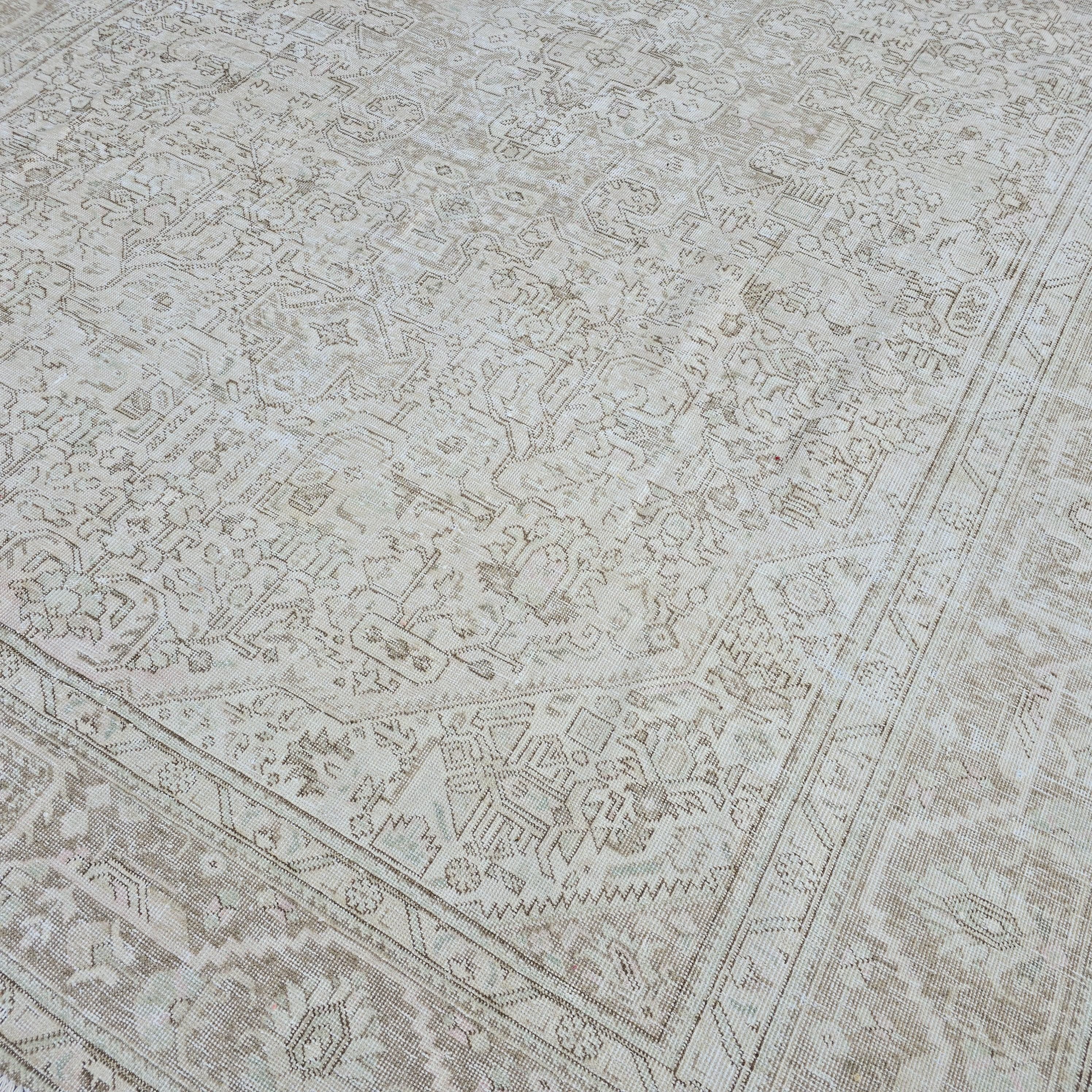 Neutral Oushak Rug 9x12: Vintage Hand-Knotted Turkish Wool Carpet