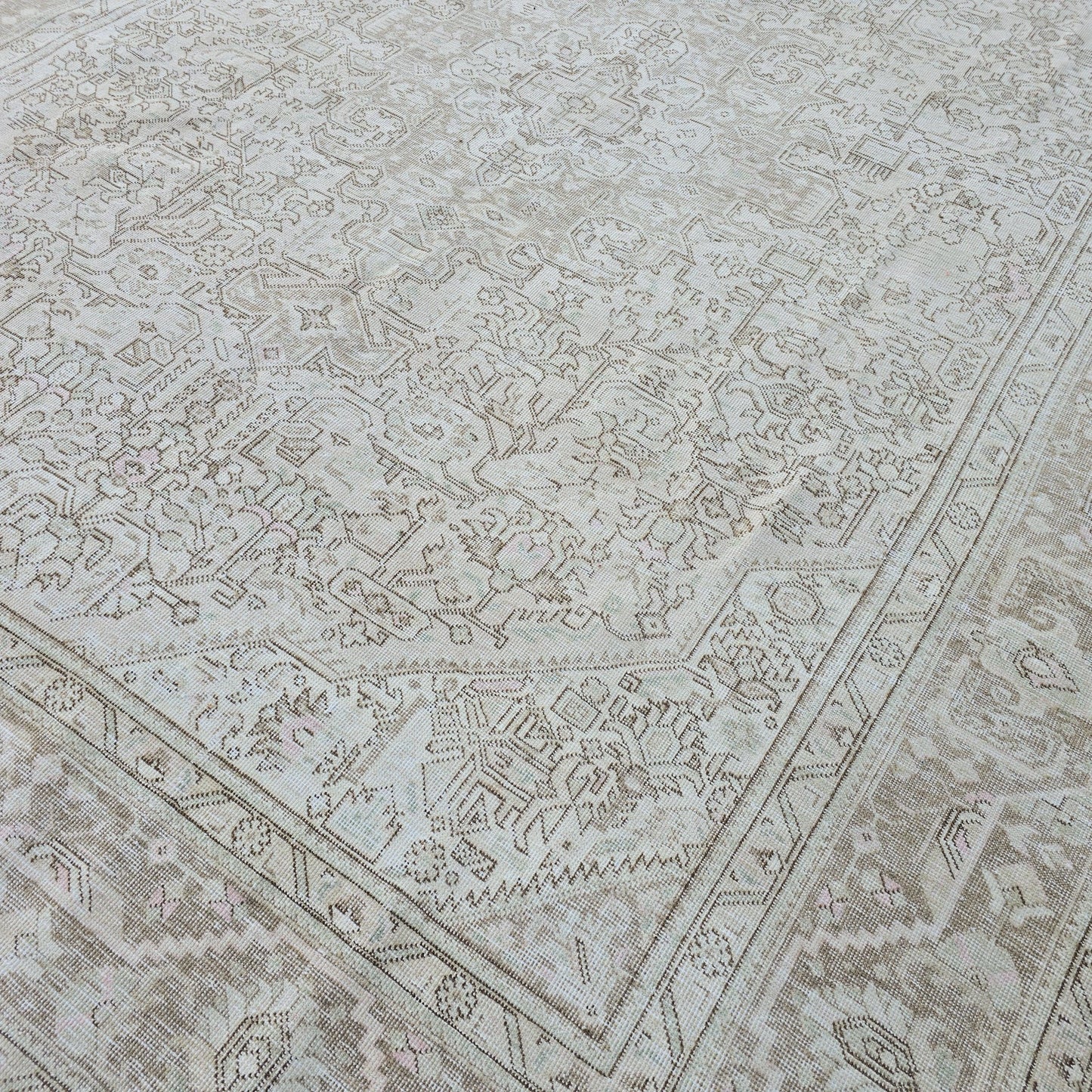Neutral Oushak Rug 9x12: Vintage Hand-Knotted Turkish Wool Carpet