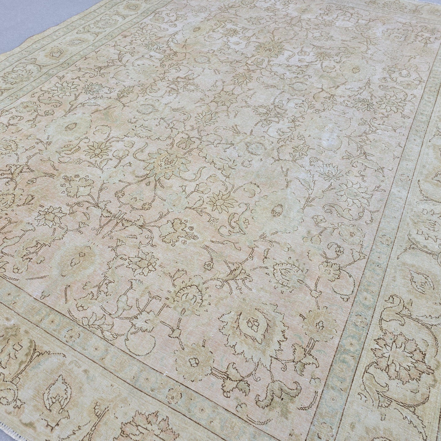 Turkish Rug 9x12 Soft Pink Beige Floral Vintage Hand Knotted Oushak Living Room Carpet