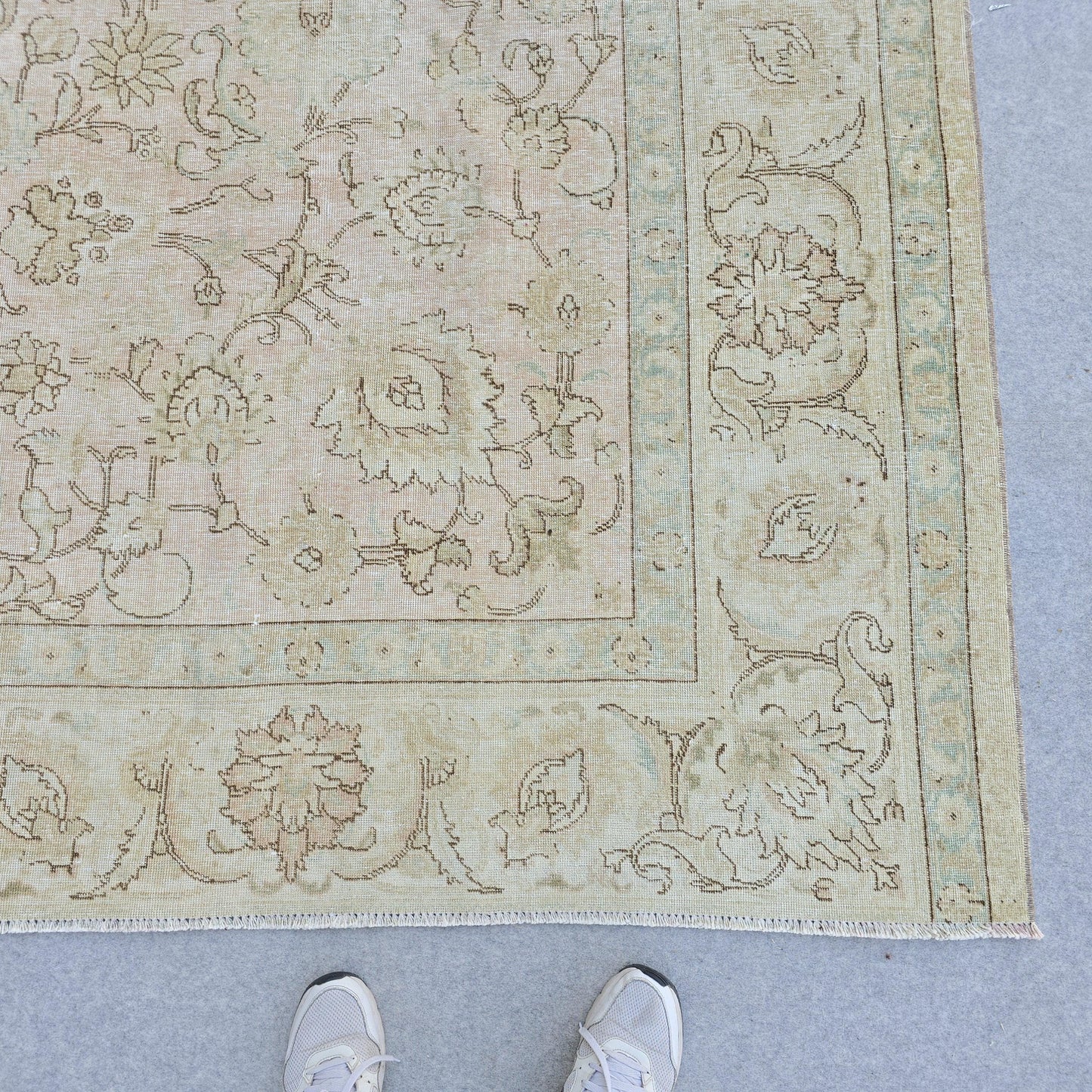 Turkish Rug 9x12 Soft Pink Beige Floral Vintage Hand Knotted Oushak Living Room Carpet