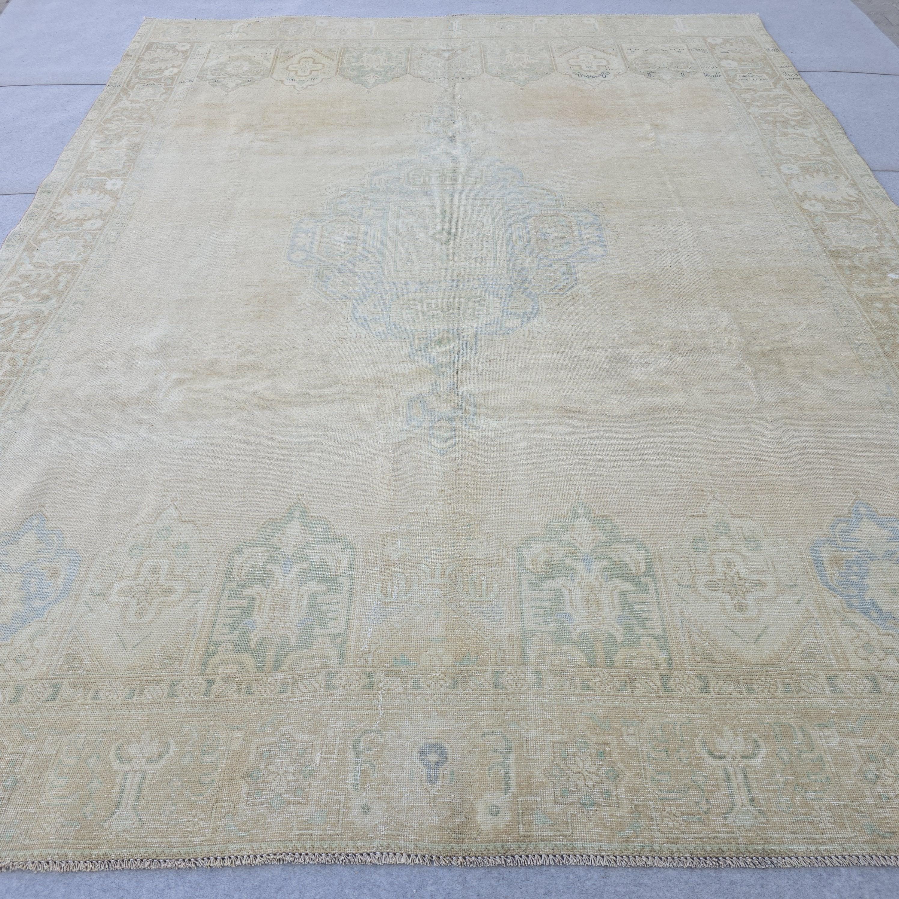 9x12 Turkish Rug Muted Blue Cream Beige Persian Area Rug Bedroom Scandinavian Decor