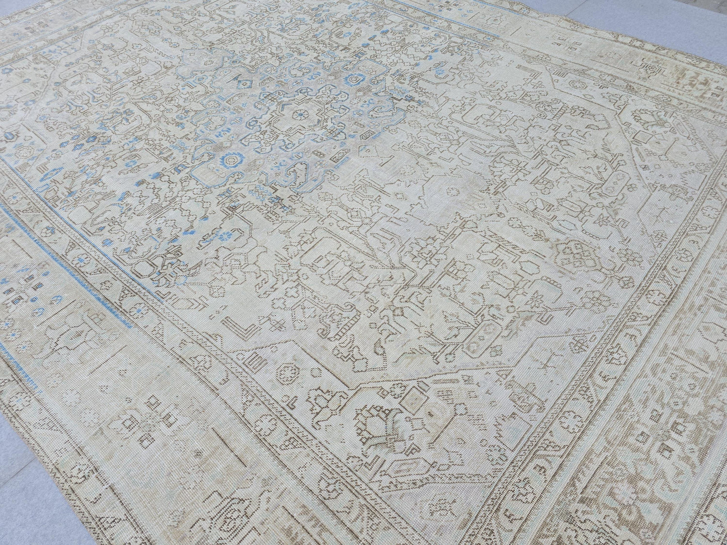 9x12 Neutral Area Rug Vintage / Beige and Blue Handmade Wool Oushak Rug