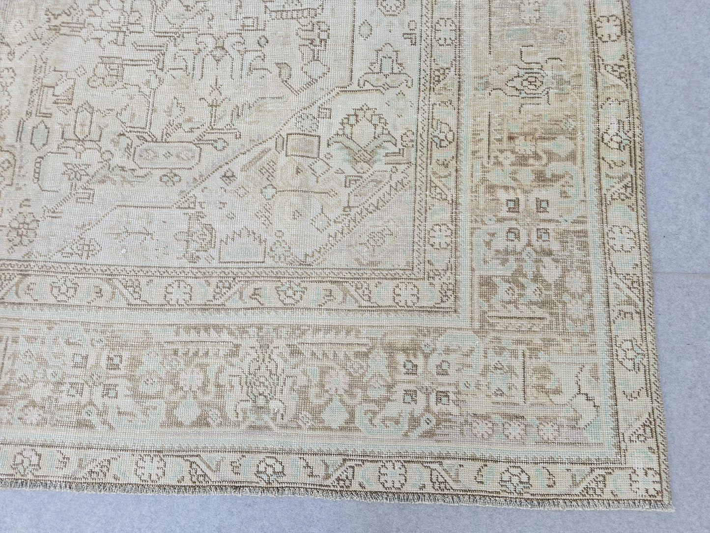9x12 Neutral Area Rug Vintage / Beige and Blue Handmade Wool Oushak Rug
