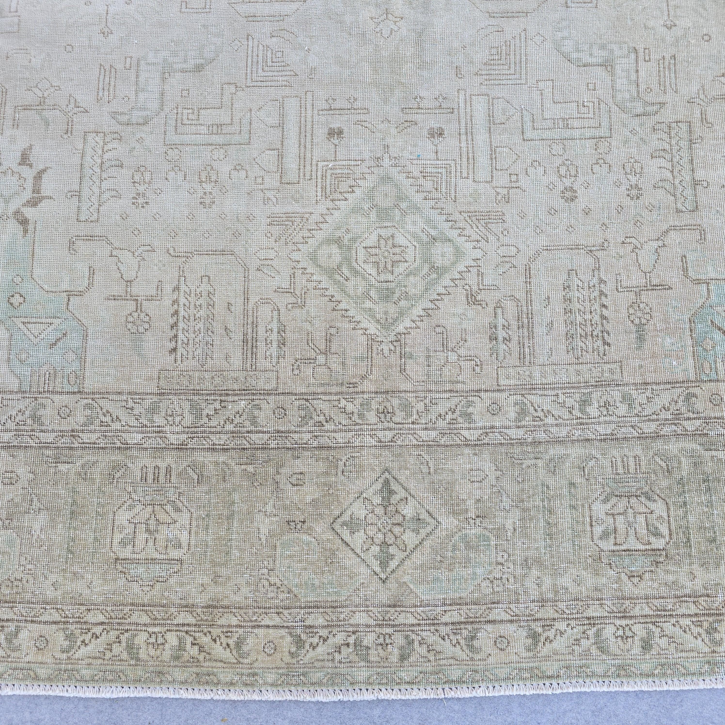 Muted Vintage Rug 10x12 Cream Turquoise Turkish Hand Knotted Wool Area Carpet