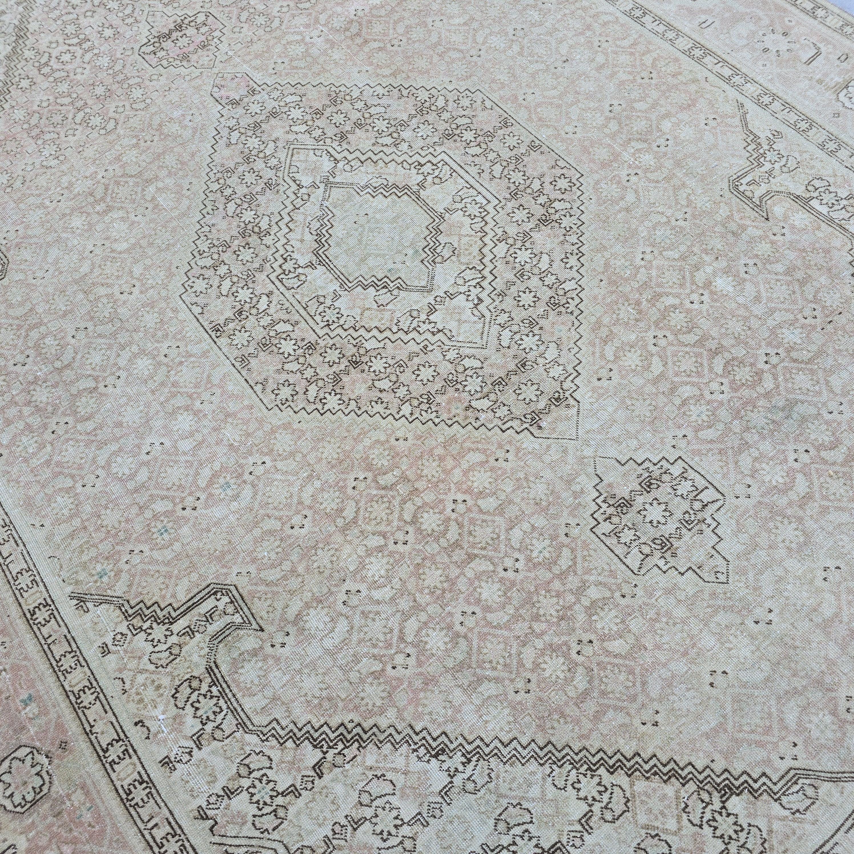 Hand-Knotted Oushak Rug: 7.8 x 10.6 ft Vintage Turkish Wool Medallion Carpet