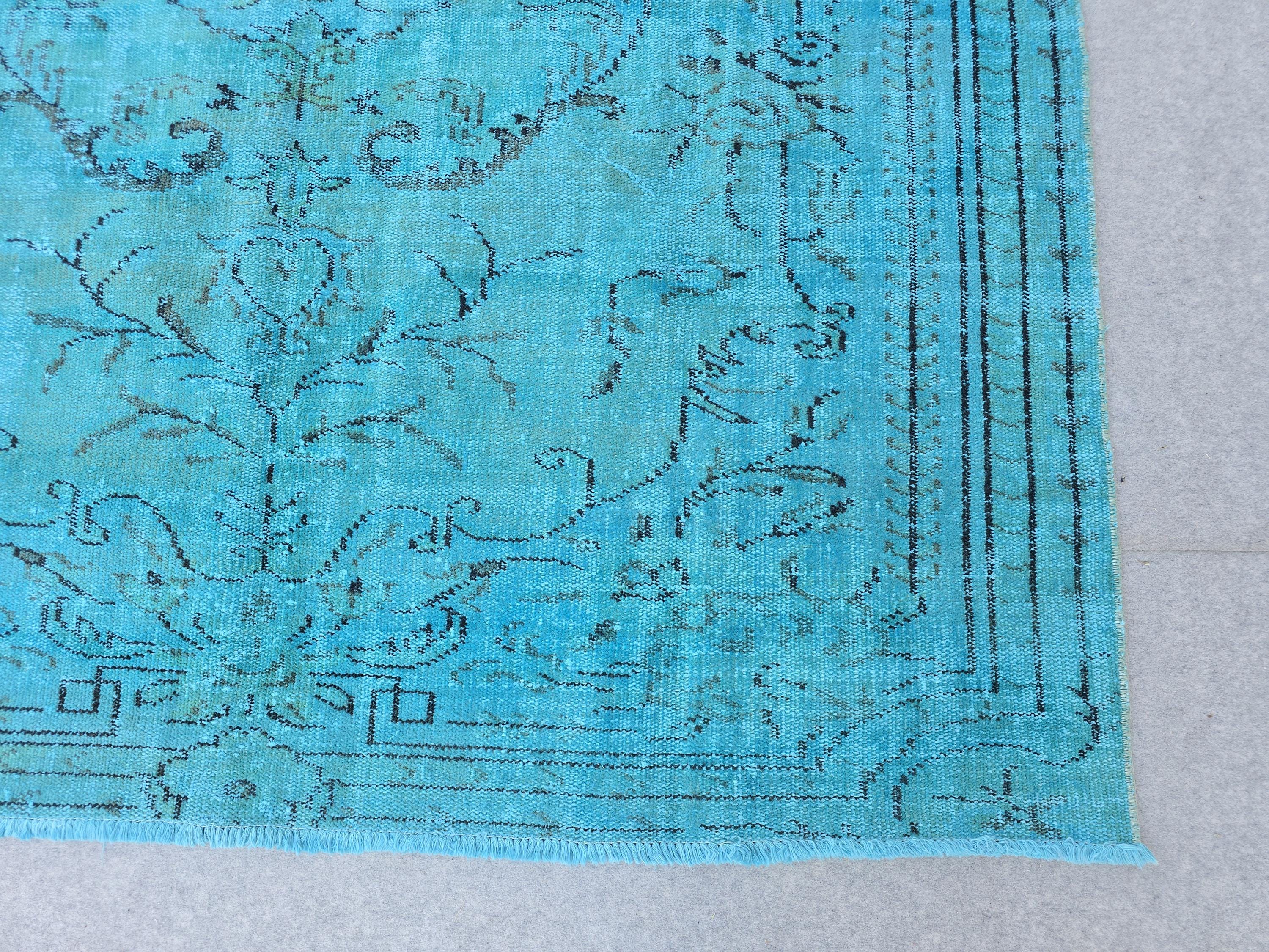 Vintage Overdyed Turquoise Turkish Rug - 6x9.6 ft Handknotted