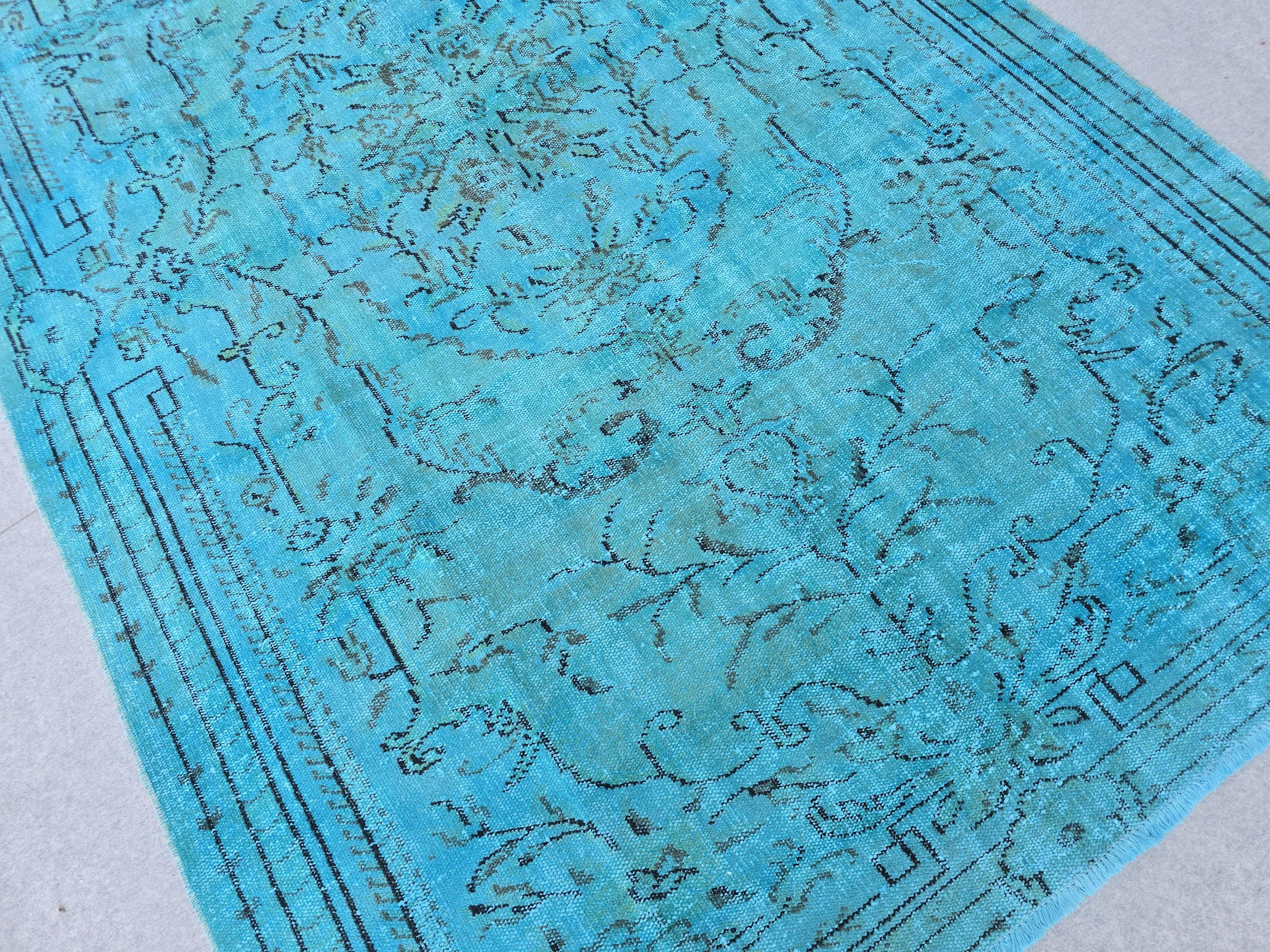 Vintage Overdyed Turquoise Turkish Rug - 6x9.6 ft Handknotted