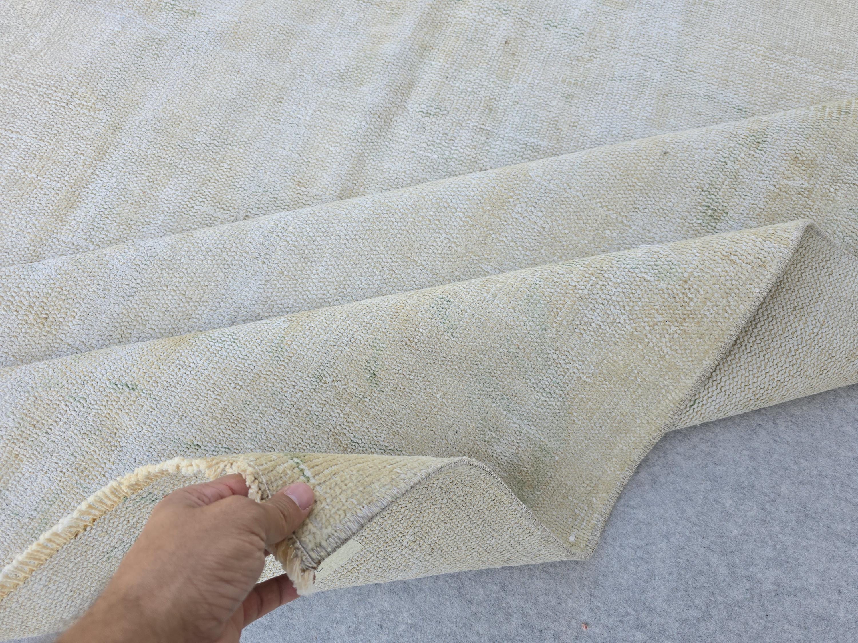 6x9 Neutral Vintage Turkish Oushak Rug: 6x9 Wool Bedroom Rug