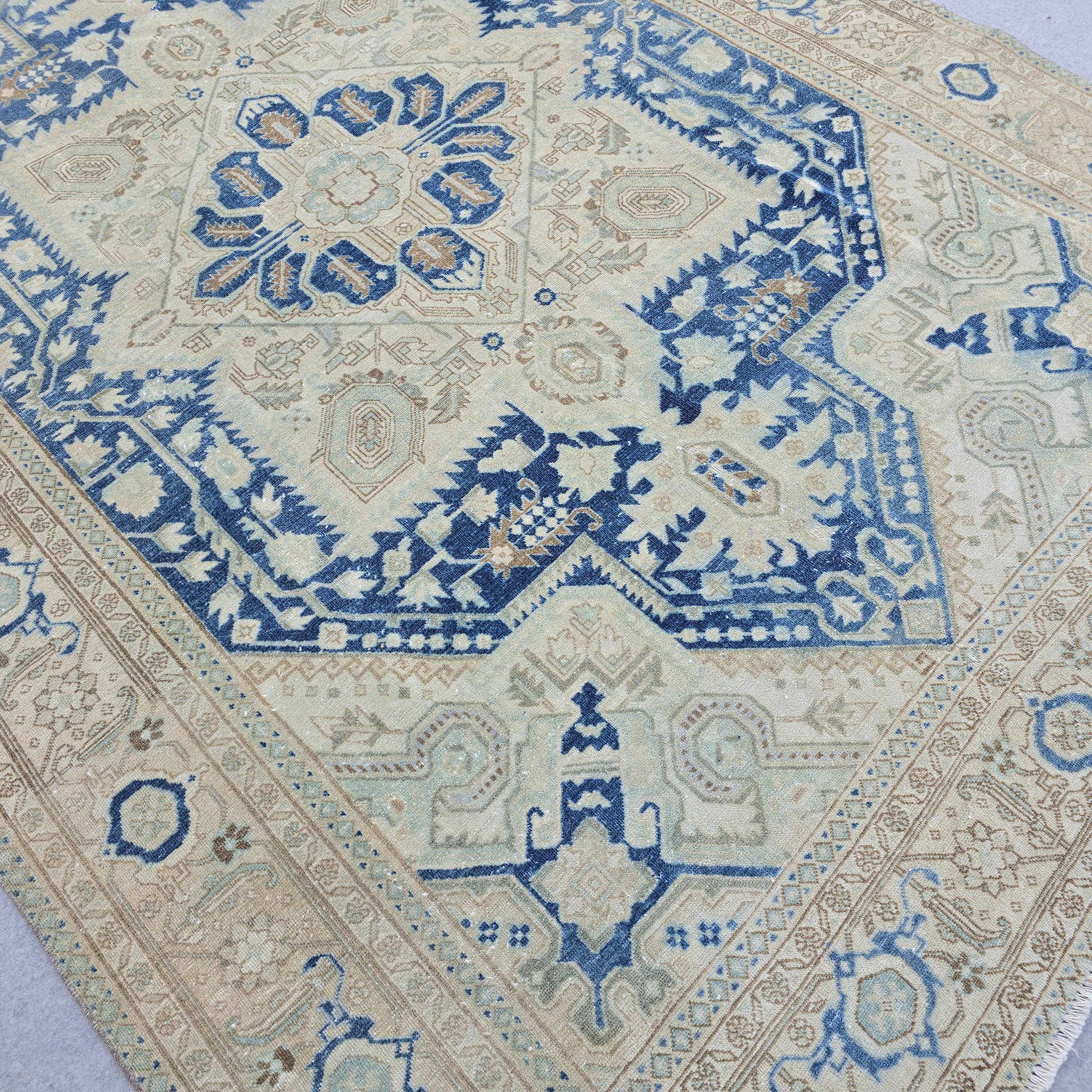 7x10 Vintage Turkish Oushak Rug Blue Cream Geometric Hand Knotted Area Carpet