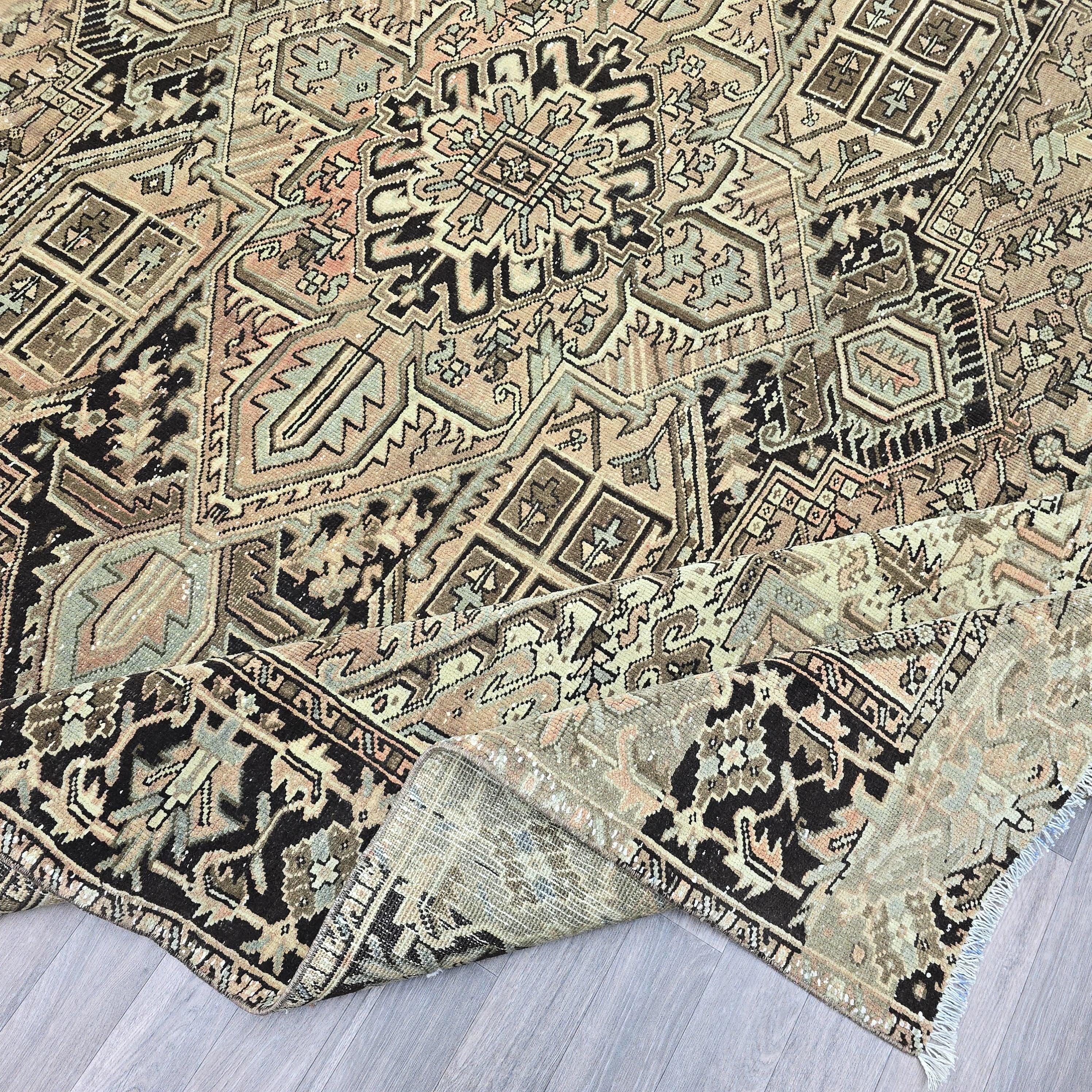 Antique Heriz Turkish Rug: Large Handknotted Medallion Wool Carpet (10x12)