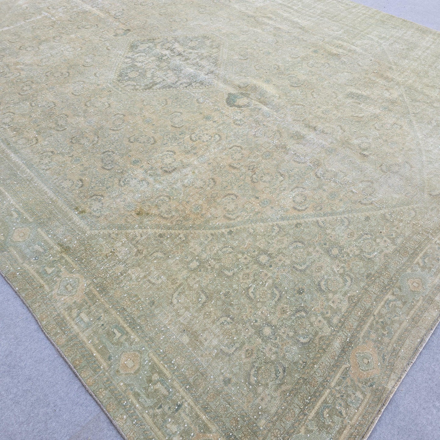 9x12 Vintage Turkish Rug Muted Green Beige Hand Knotted Antique Area Carpet Handmade