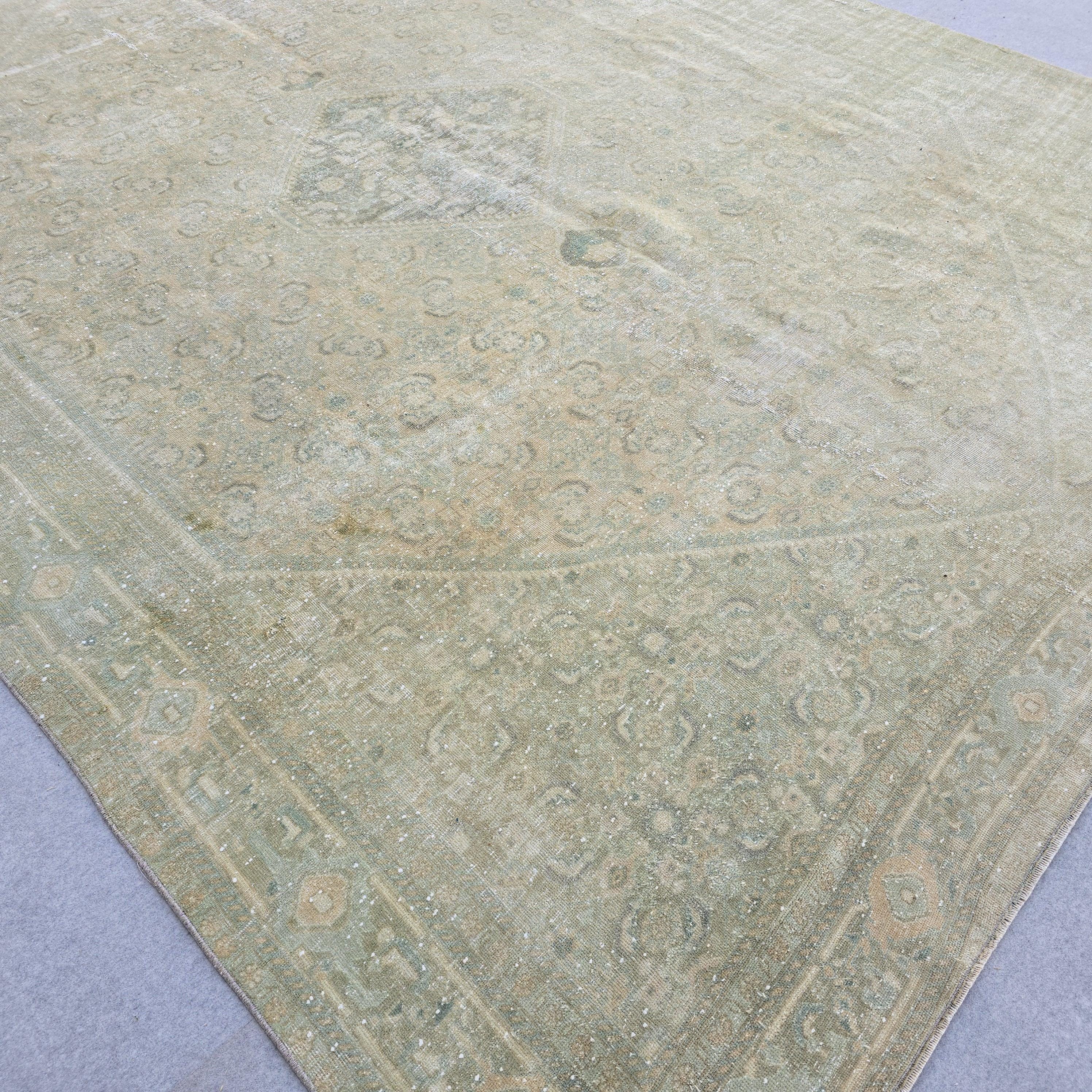 9x12 Vintage Turkish Rug Muted Green Beige Hand Knotted Antique Area Carpet Handmade