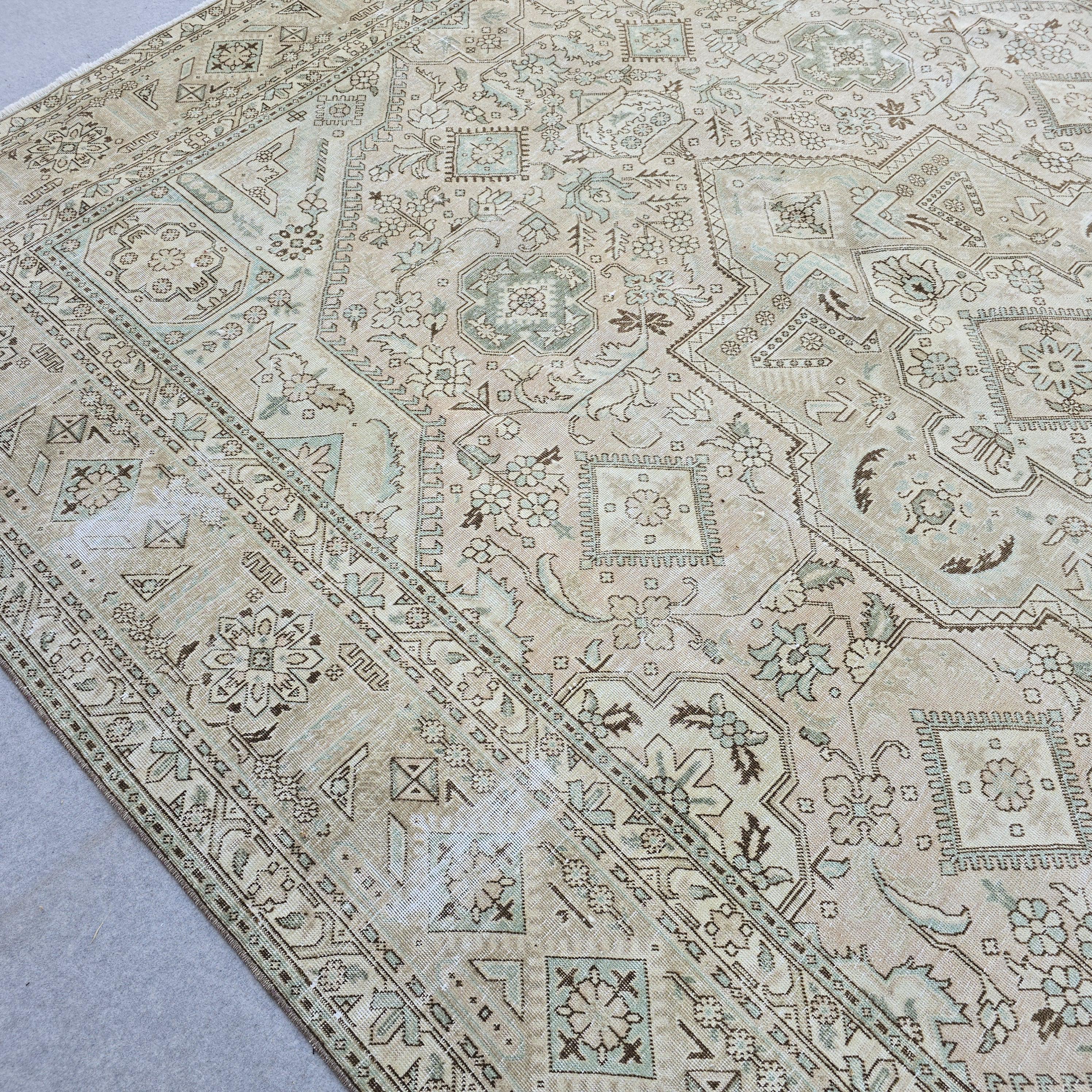 10x12 Turkish Rug Vintage Pink Cream Mint Green Hand Knotted Oushak Area Carpet