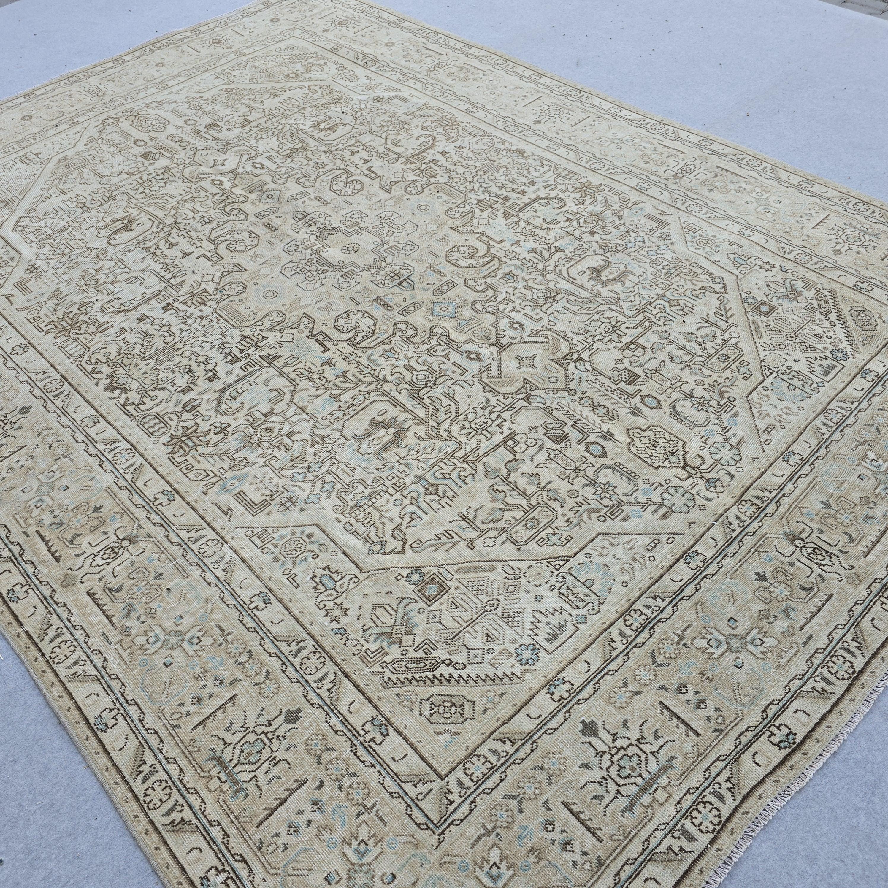 Oushak Rug 8x11 Muted Beige Heriz Medallion Hand Knotted Vintage Wool Area Carpet