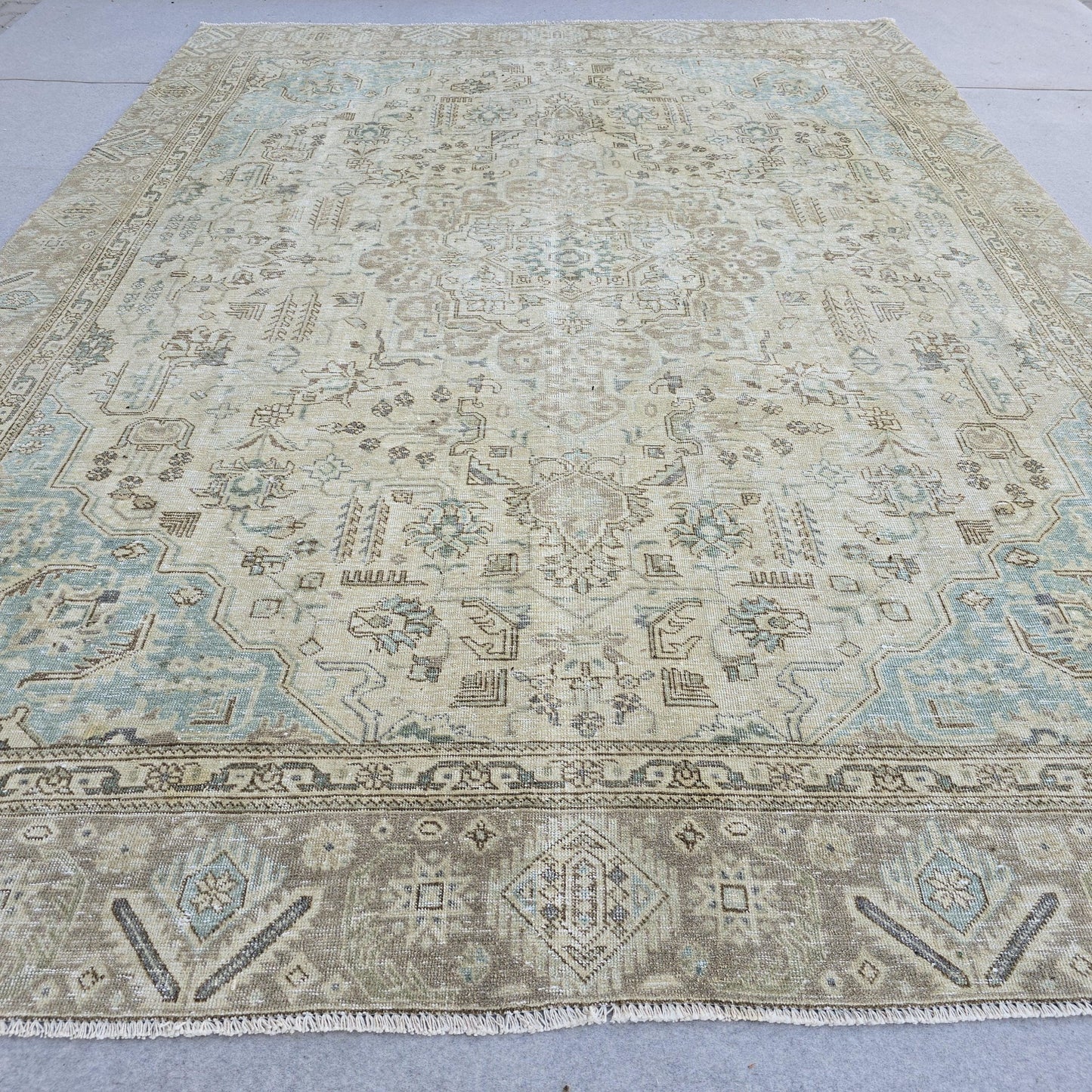 Persian Rug 9x12 Beige Blue Tabriz Geometric Medallion Vintage Hand Knotted Oriental Area Carpet