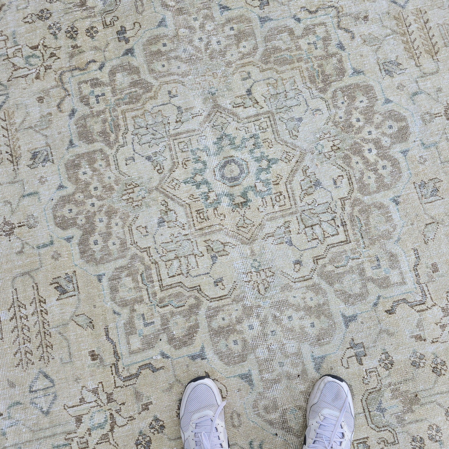 Persian Rug 9x12 Beige Blue Tabriz Geometric Medallion Vintage Hand Knotted Oriental Area Carpet